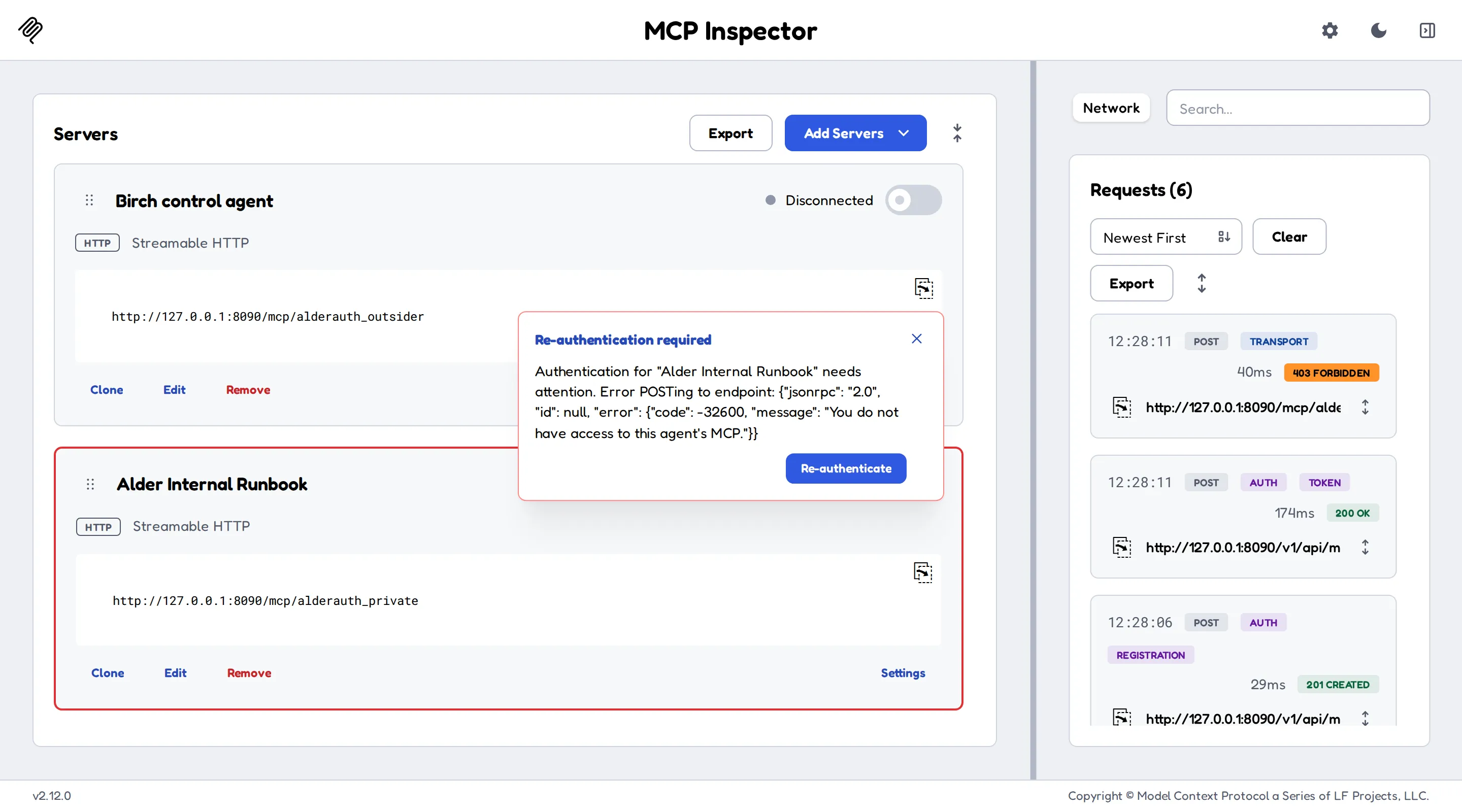 MCP Inspector showing a failed connection to the Alder private Agent from the independent test identity