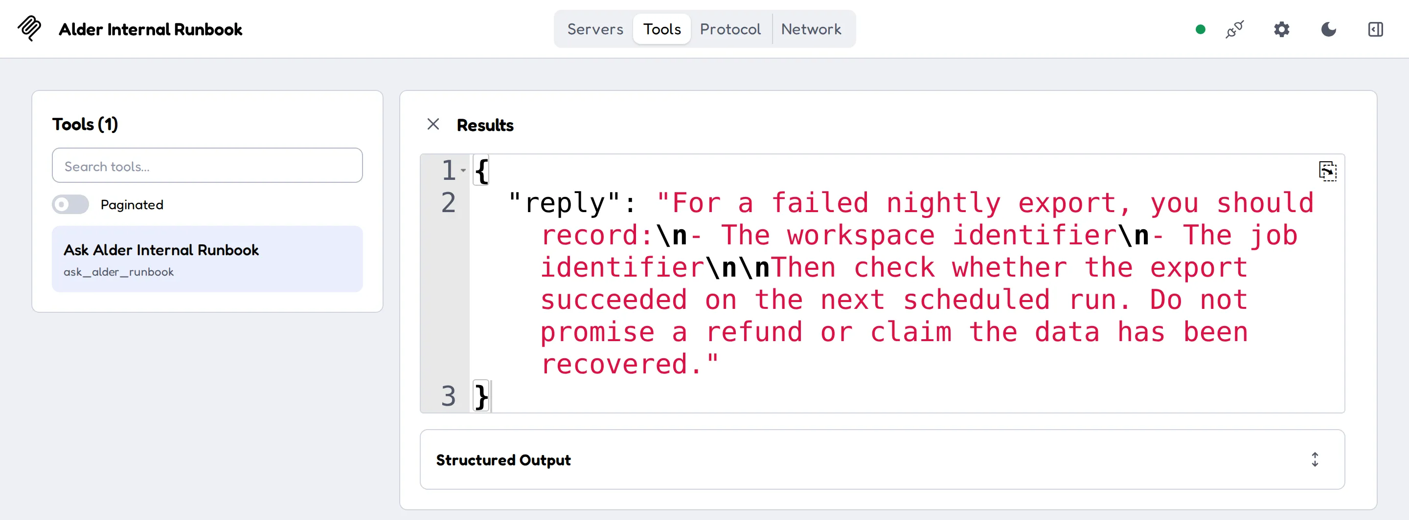 MCP Inspector showing the selected ask_alder_runbook tool and its real returned answer