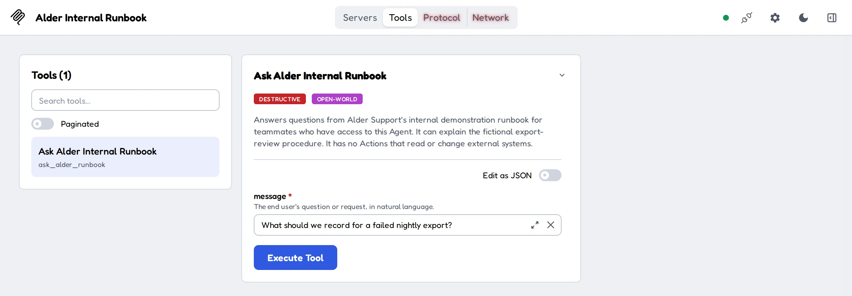 MCP Inspector showing the selected ask_alder_runbook tool, its description, the message field and Execute Tool