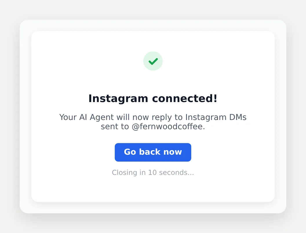 The Quickchat AI callback page confirming Instagram connected, saying the AI Agent will now reply to Instagram DMs sent to at fernwoodcoffee