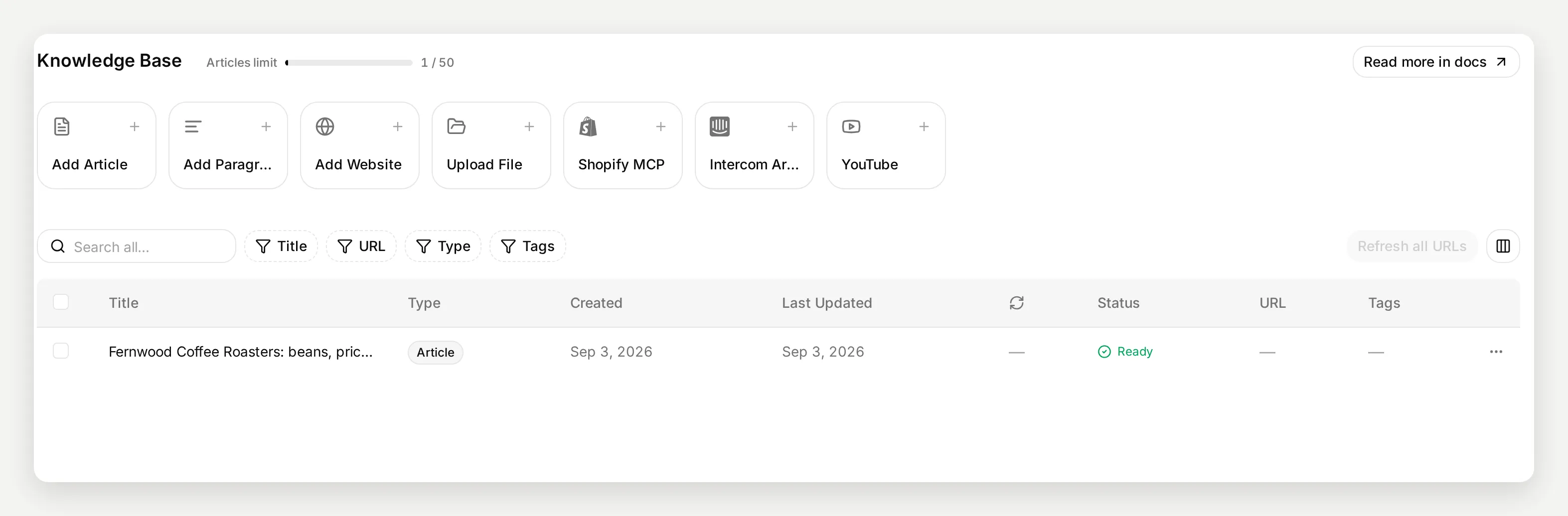 The Knowledge Base page with the Fernwood catalogue saved as a single article with status Ready