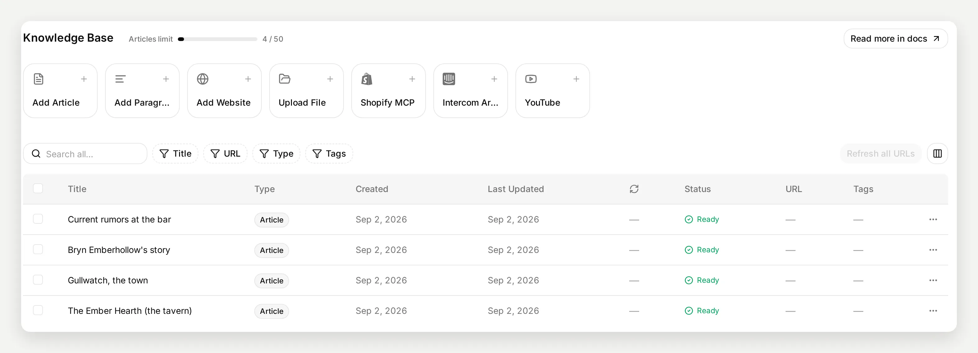 The Knowledge Base page with four canon articles, all with status Ready, and the source options above them