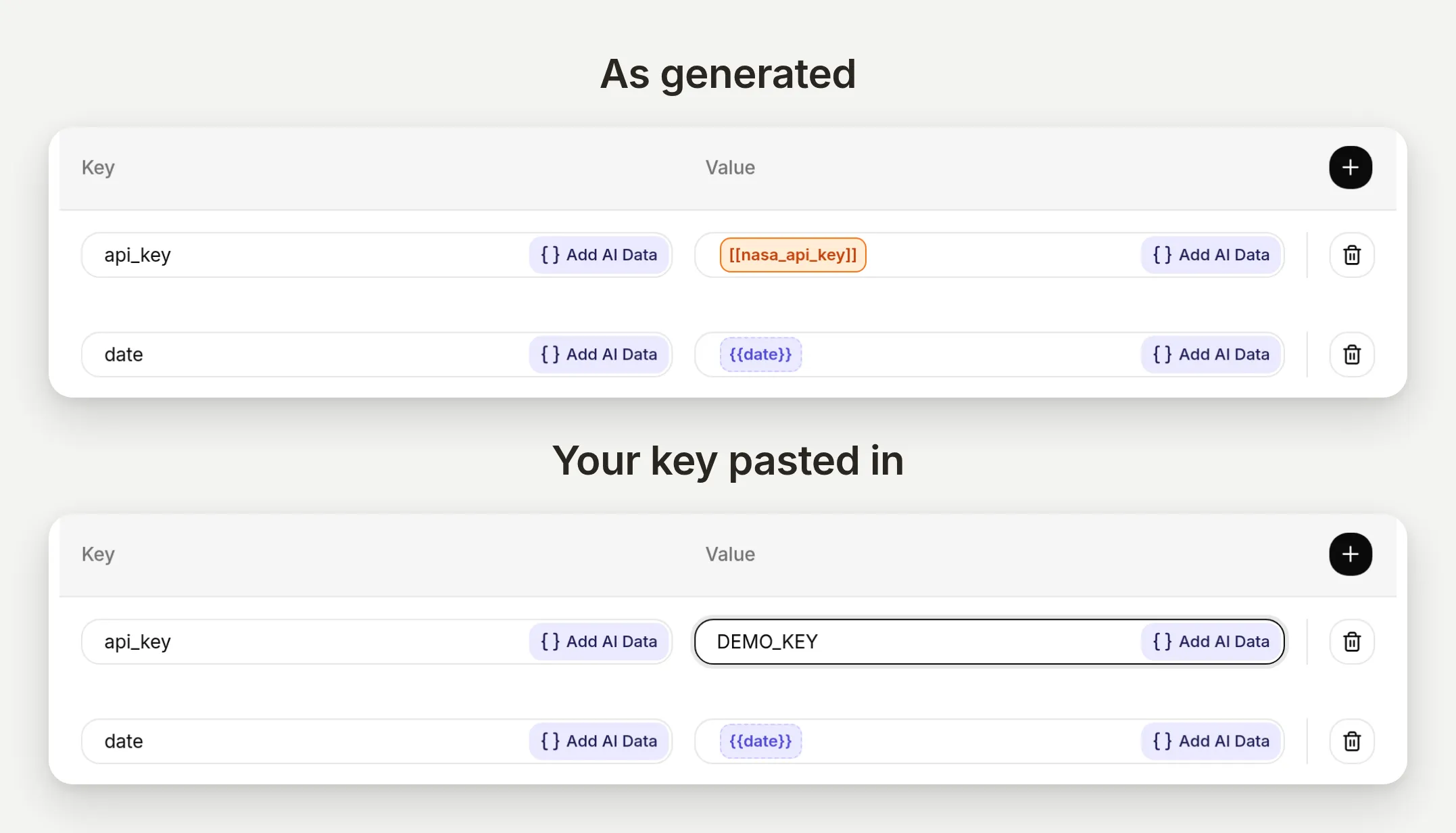 Before and after in the Query Params tab: the amber placeholder chip, then the real key pasted in