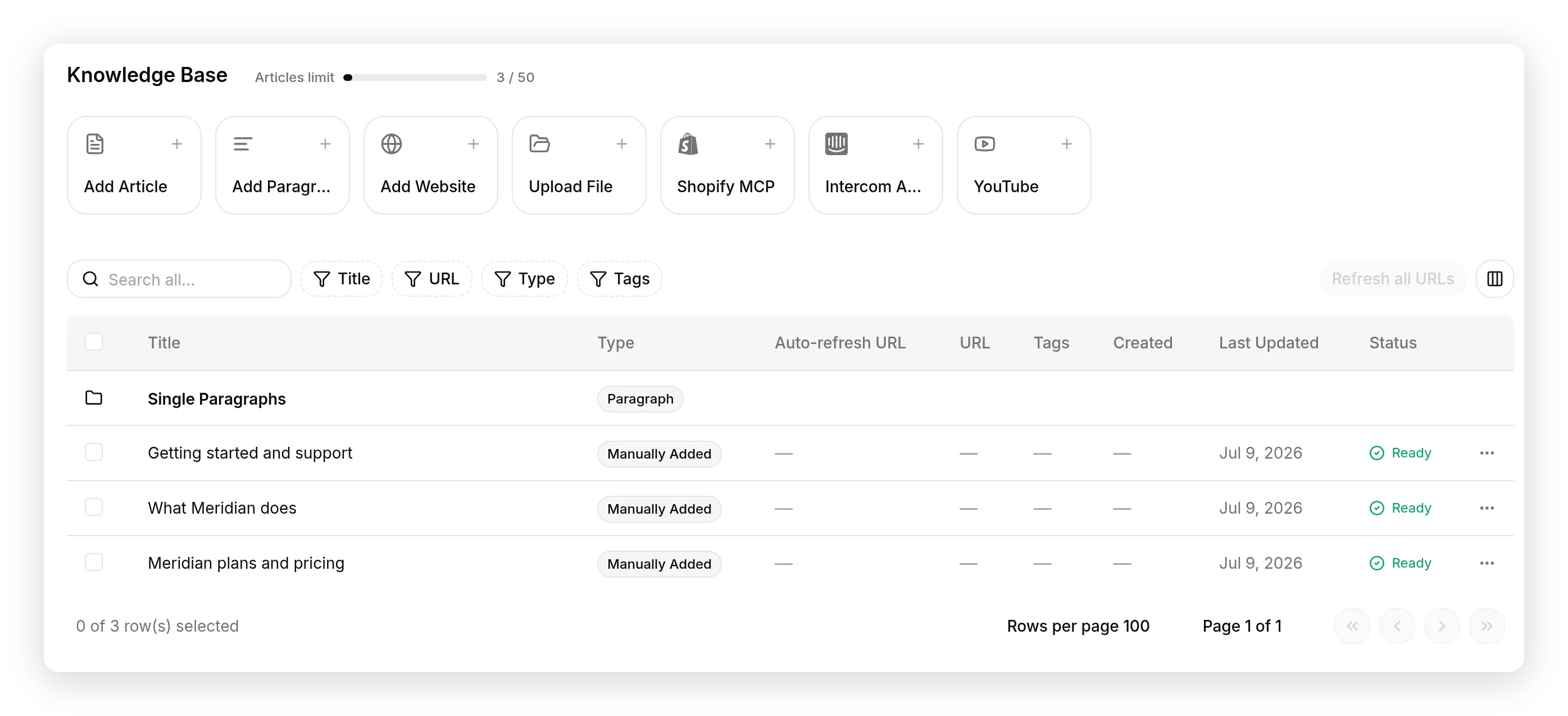The Meridian agent's Knowledge Base page, showing three manually added articles (Getting started and support, What Meridian does, and Meridian plans and pricing), each marked Ready, with three of fifty articles used
