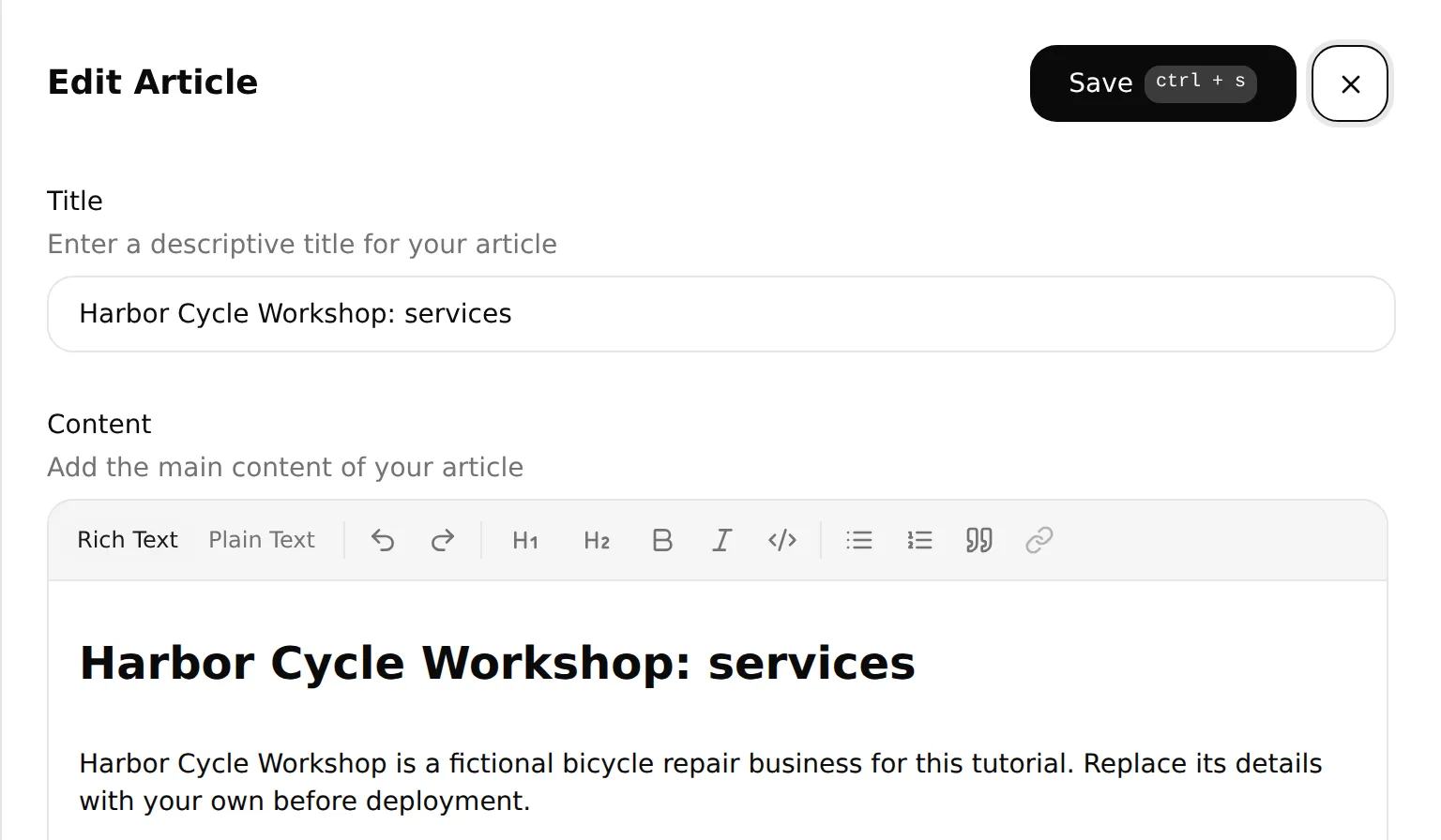 The local Edit Article screen shows the Harbor Cycle Workshop services title, Content field and Save button