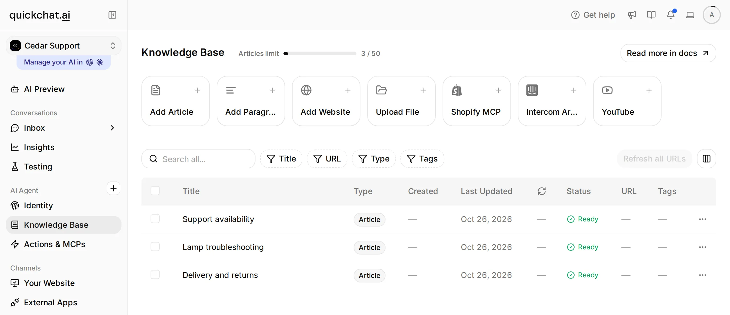 Quickchat AI Knowledge Base with the sidebar visible and the three Cedar Desk articles marked Ready