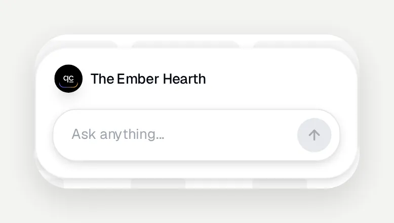 The collapsed launcher on a website, titled The Ember Hearth with an Ask anything field