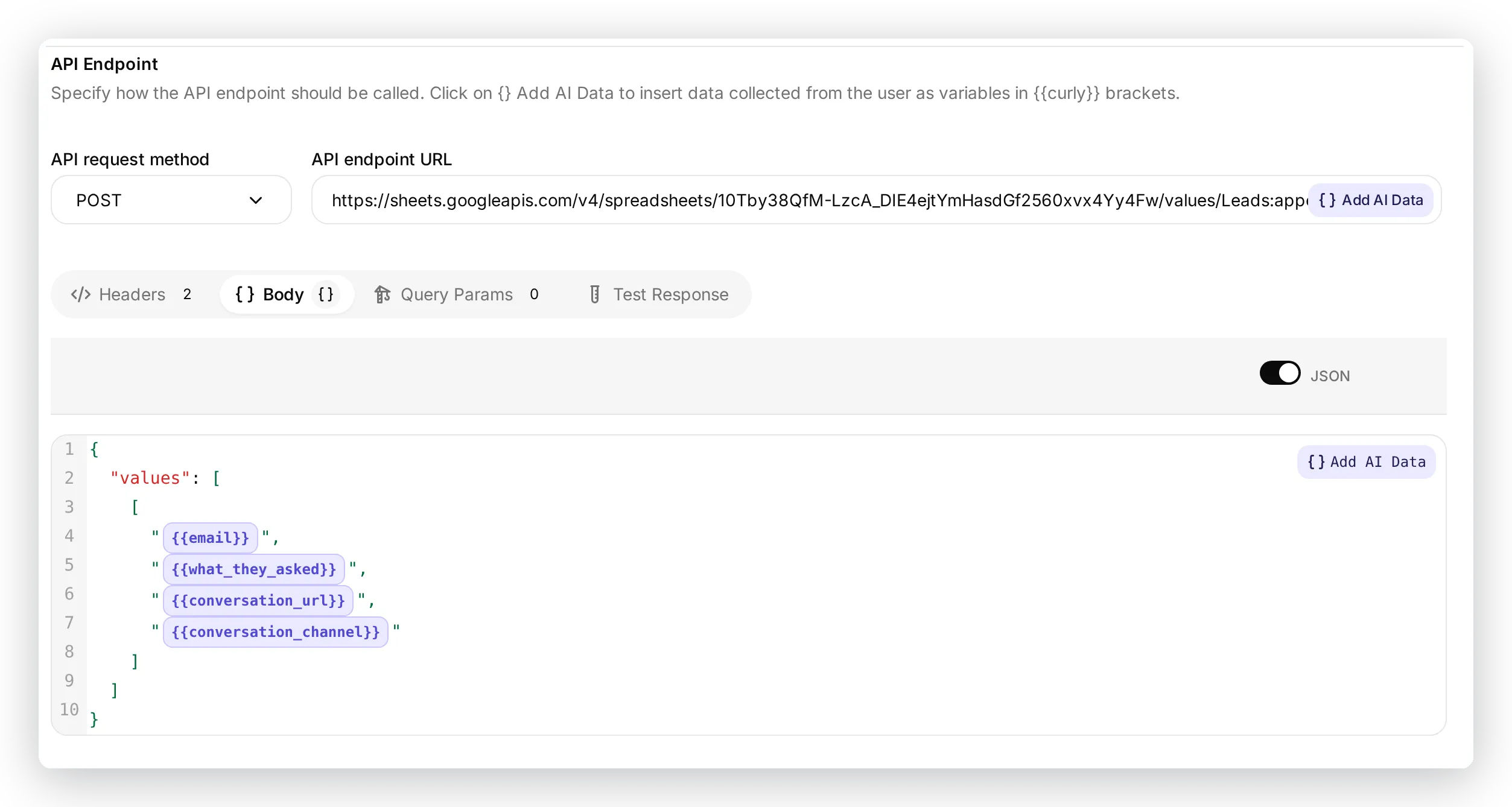 The Body tab of the API Endpoint section, showing the request body as JSON with one parameter per cell
