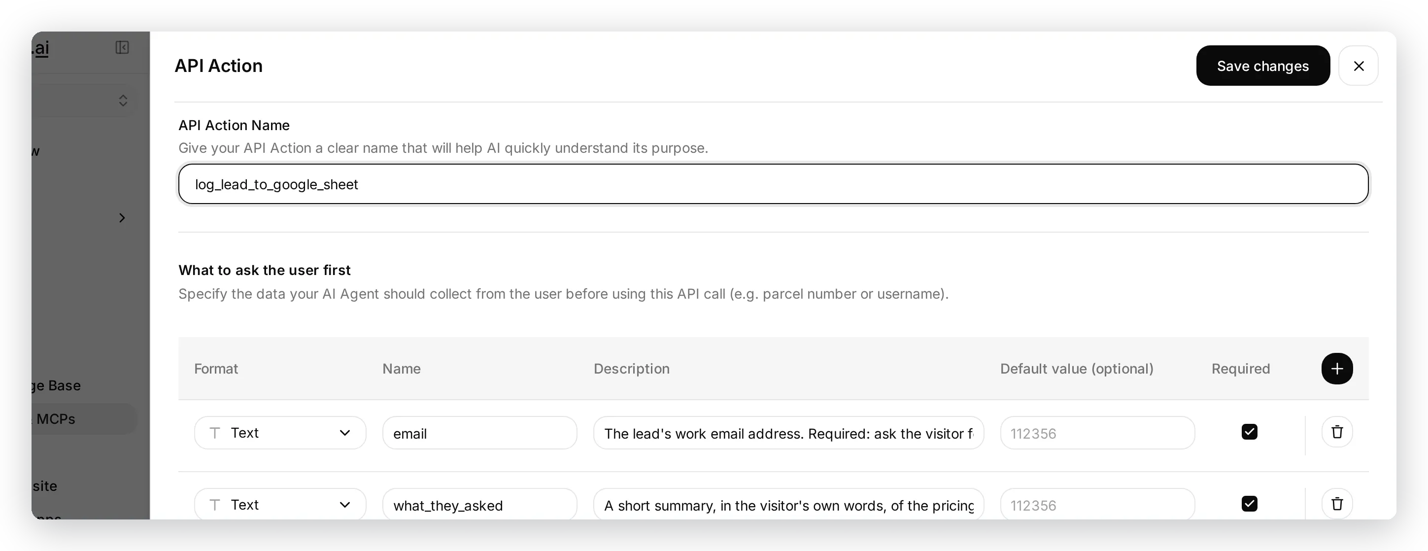 The lead action name and parameters