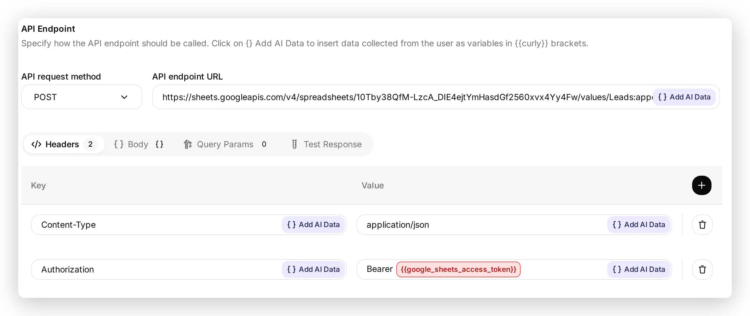 The API Endpoint section of the lead action: POST method, the full endpoint URL with the real sheet ID, and the Authorization and Content-Type headers