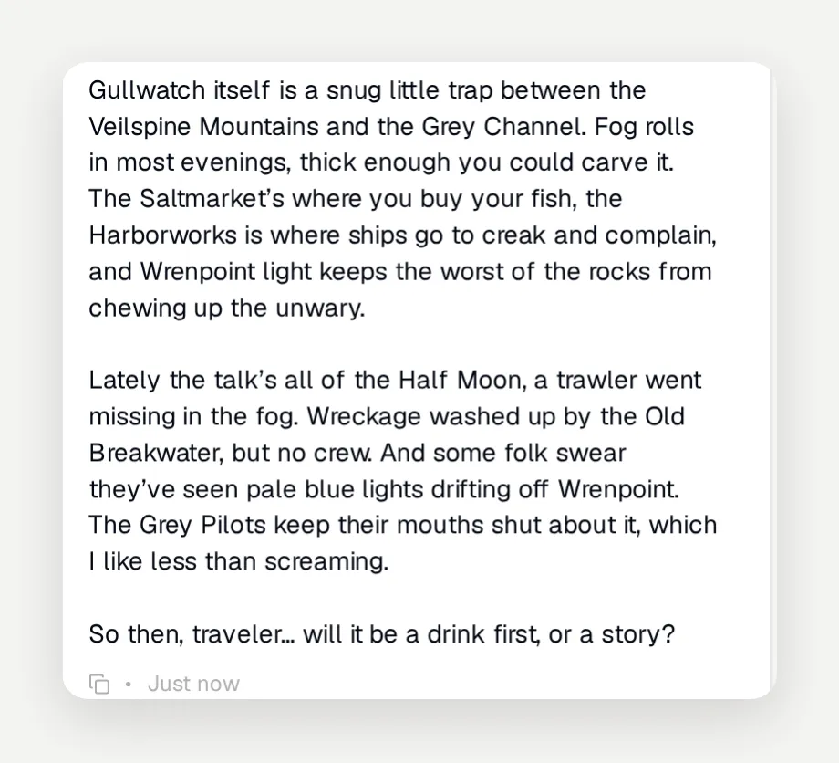 The tail of a single Longer reply covering the tavern, house rules, the town, and the rumors