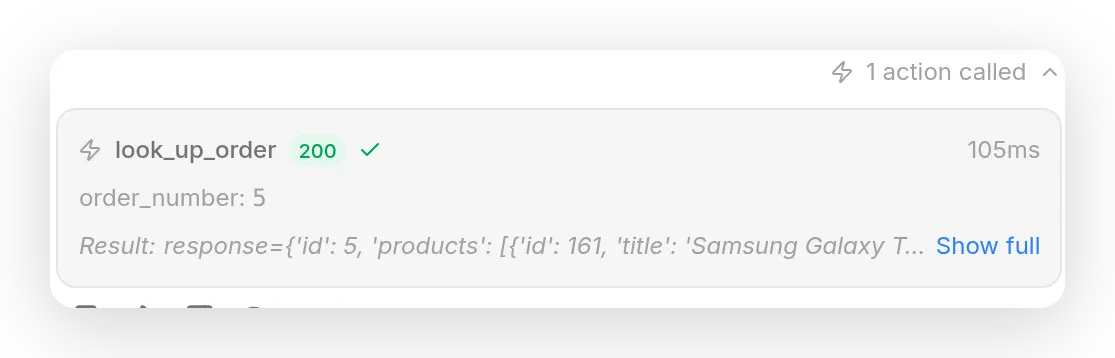 An Inbox action-call card for look_up_order returning 200 in 105 milliseconds, with order_number 5 sent and the response showing id 5