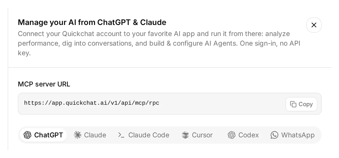 Quickchat AI account connection panel with its MCP server URL and tabs for ChatGPT, Claude and other AI clients