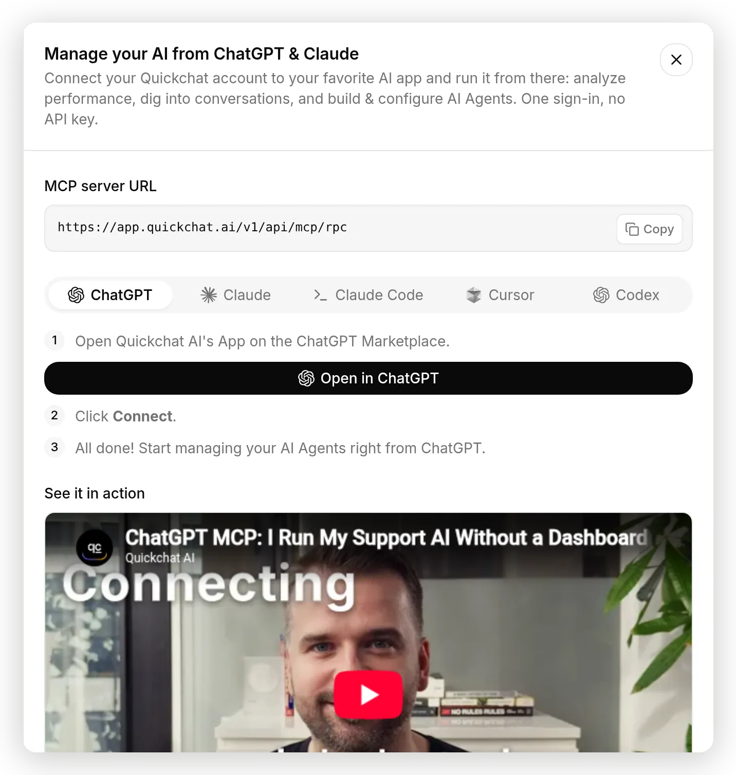 The Manage your AI sheet: connect ChatGPT, Claude, Claude Code, Cursor, or Codex to your Quickchat AI account