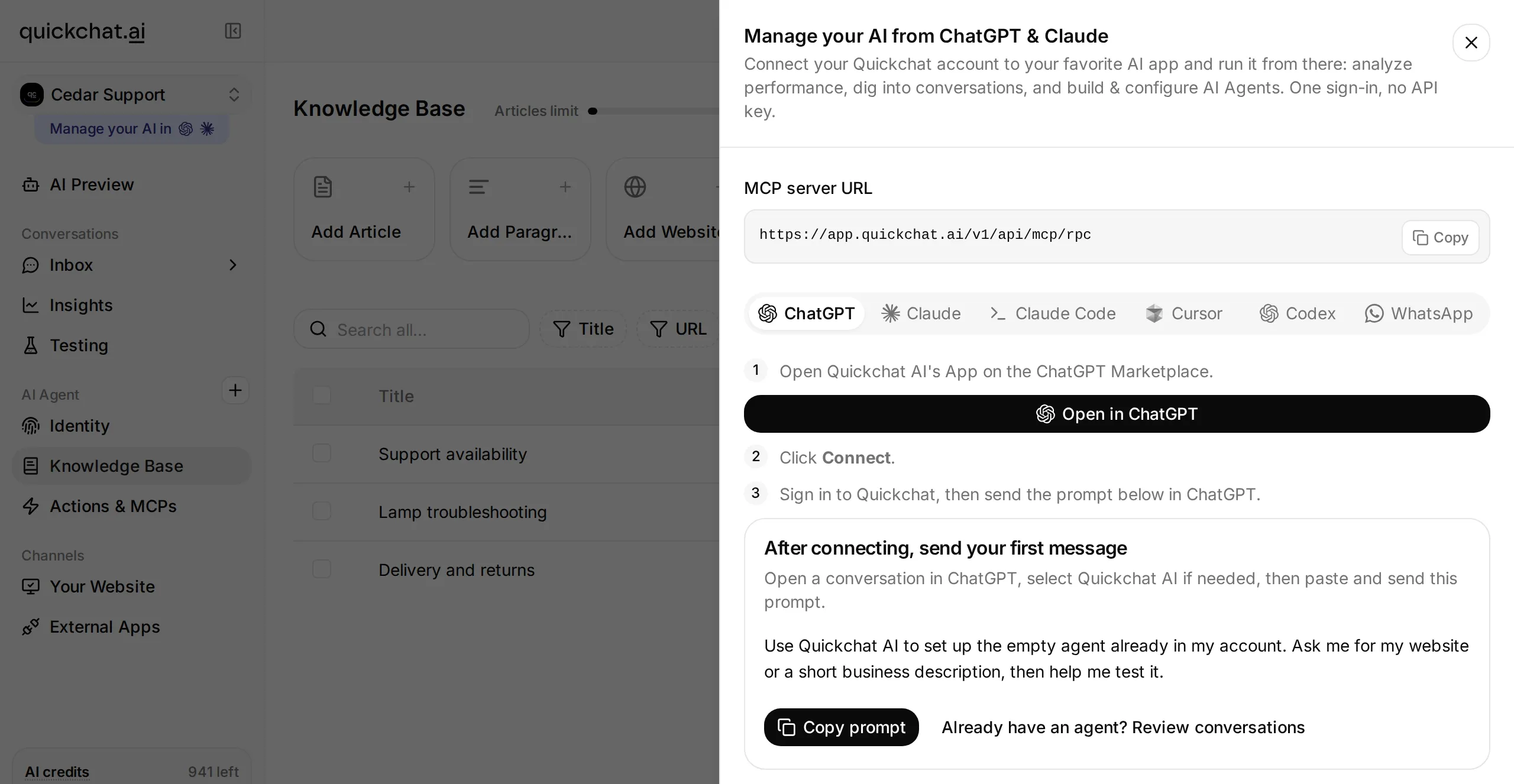 The local app's Manage your AI in menu with options for ChatGPT and Claude