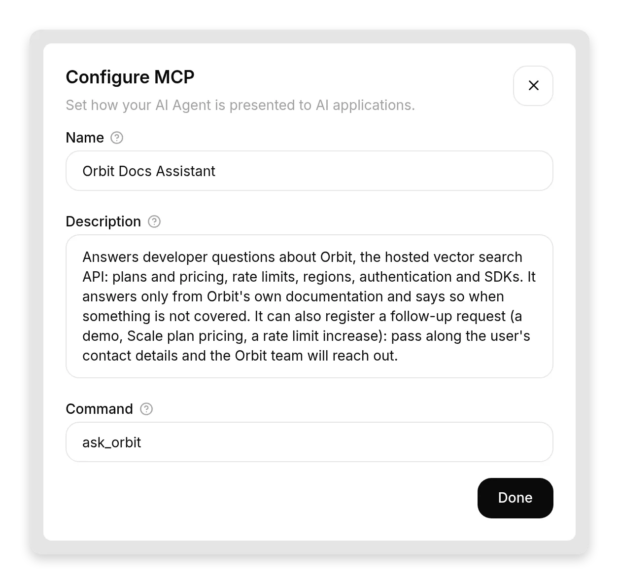 The Configure MCP dialog with Name "Orbit Docs Assistant", a description of what the agent knows, and Command "ask_orbit"