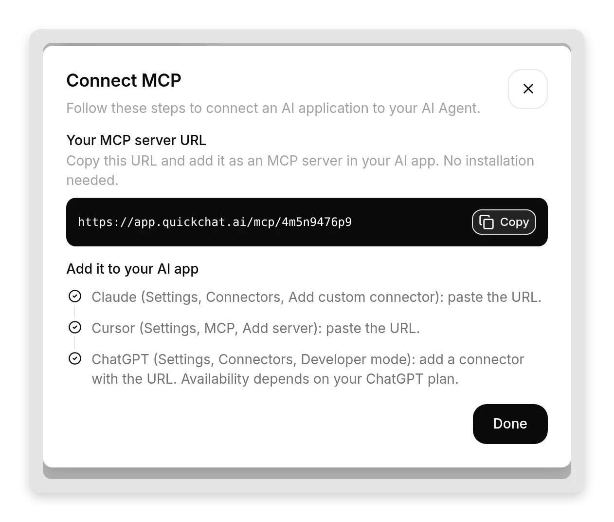 The Connect MCP dialog showing the agent's MCP server URL with a Copy button and the per-app steps for Claude, Cursor and ChatGPT