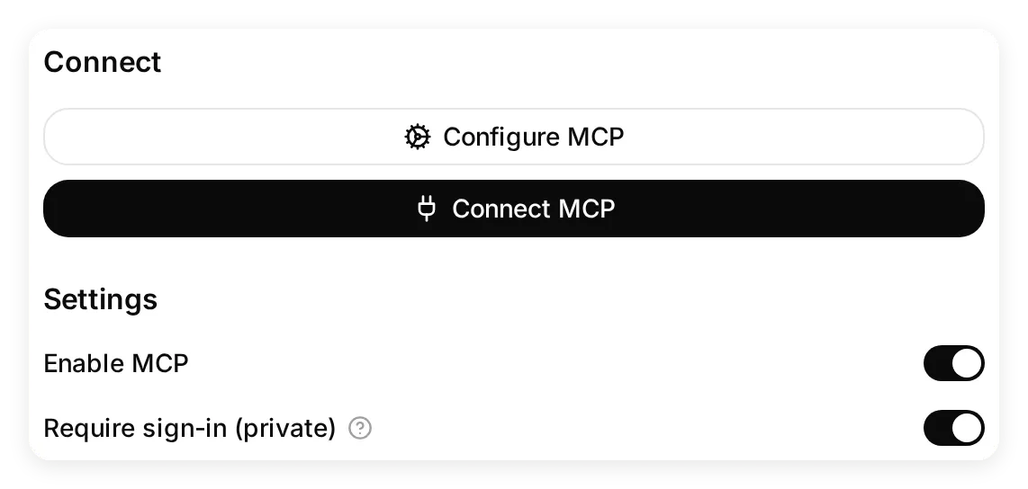Quickchat AI MCP settings with Enable MCP and Require sign-in private switched on
