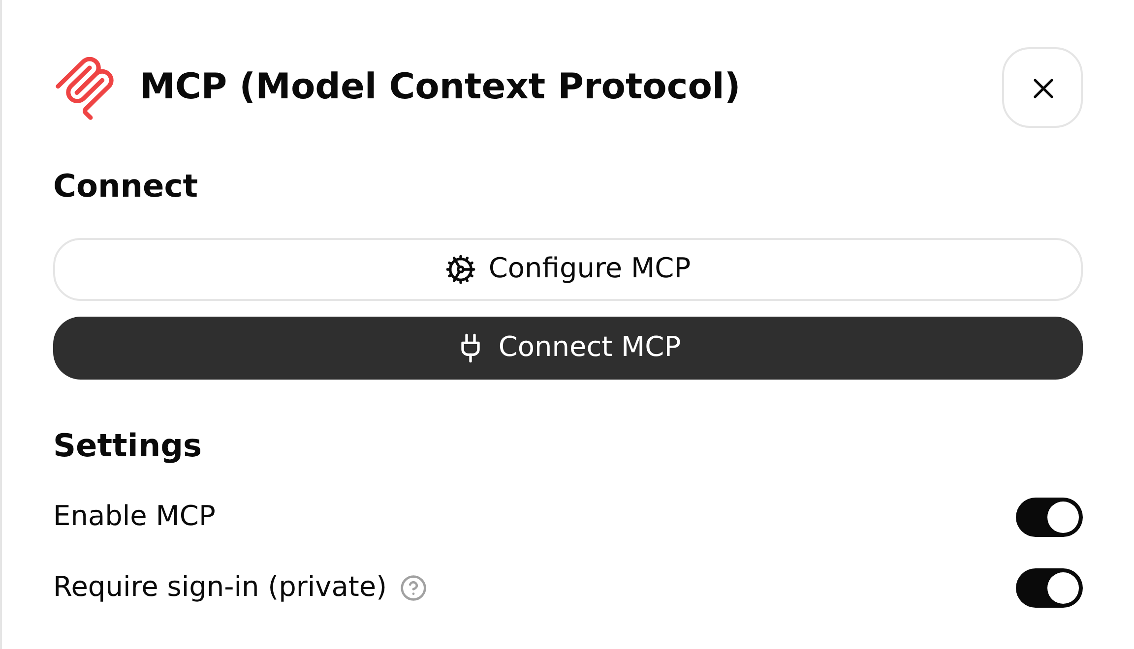 Alpine Trail Planner's MCP channel with private sign-in enabled and the Configure MCP and Connect MCP controls