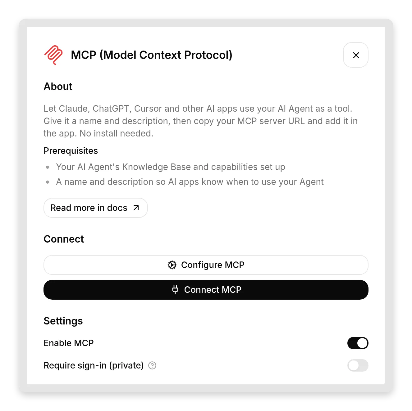 The MCP panel in the Quickchat AI dashboard with Enable MCP on, Configure MCP and Connect MCP buttons, and the Require sign-in toggle