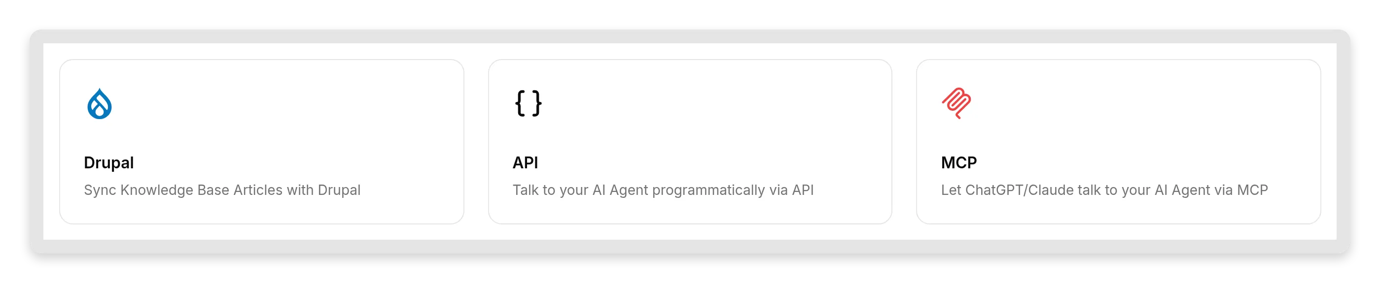 The External Applications page in the Quickchat AI dashboard with the MCP tile reading "Let ChatGPT/Claude talk to your AI Agent via MCP"