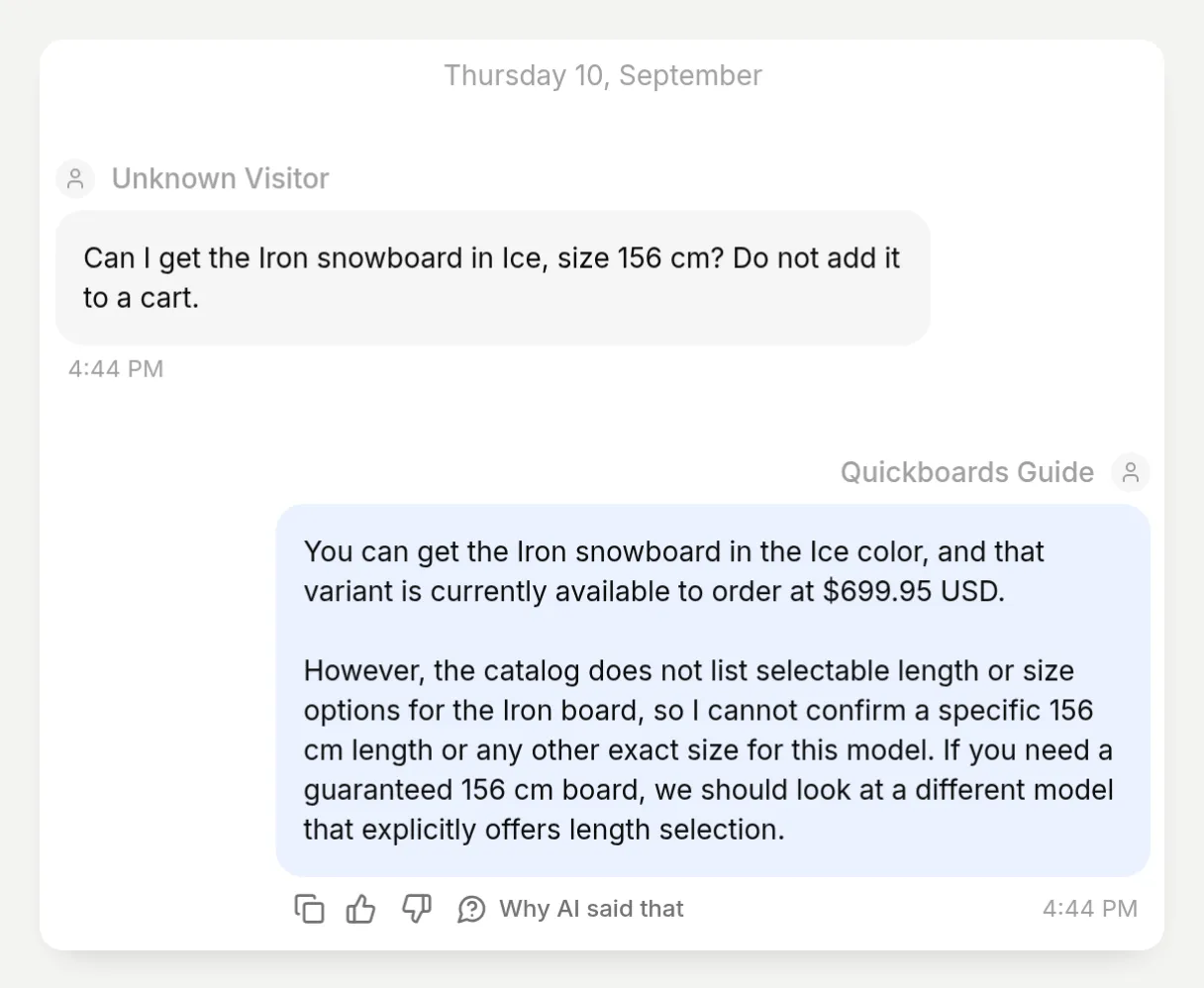The real agent reply confirming the Ice color but declining to confirm an unlisted 156 cm size