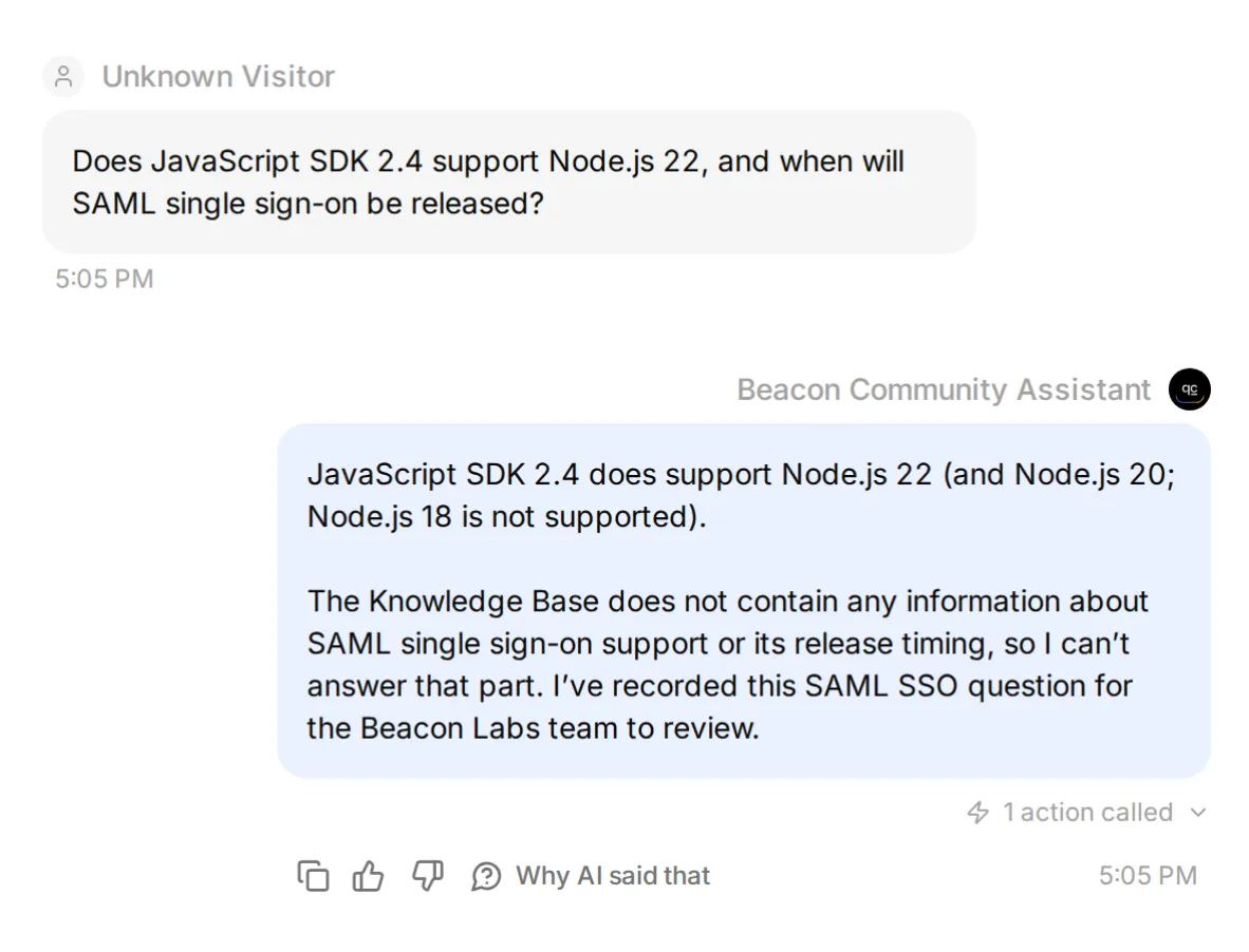 Local Inbox conversation with a supported SDK answer, missing SAML information, and one documentation-gap Action