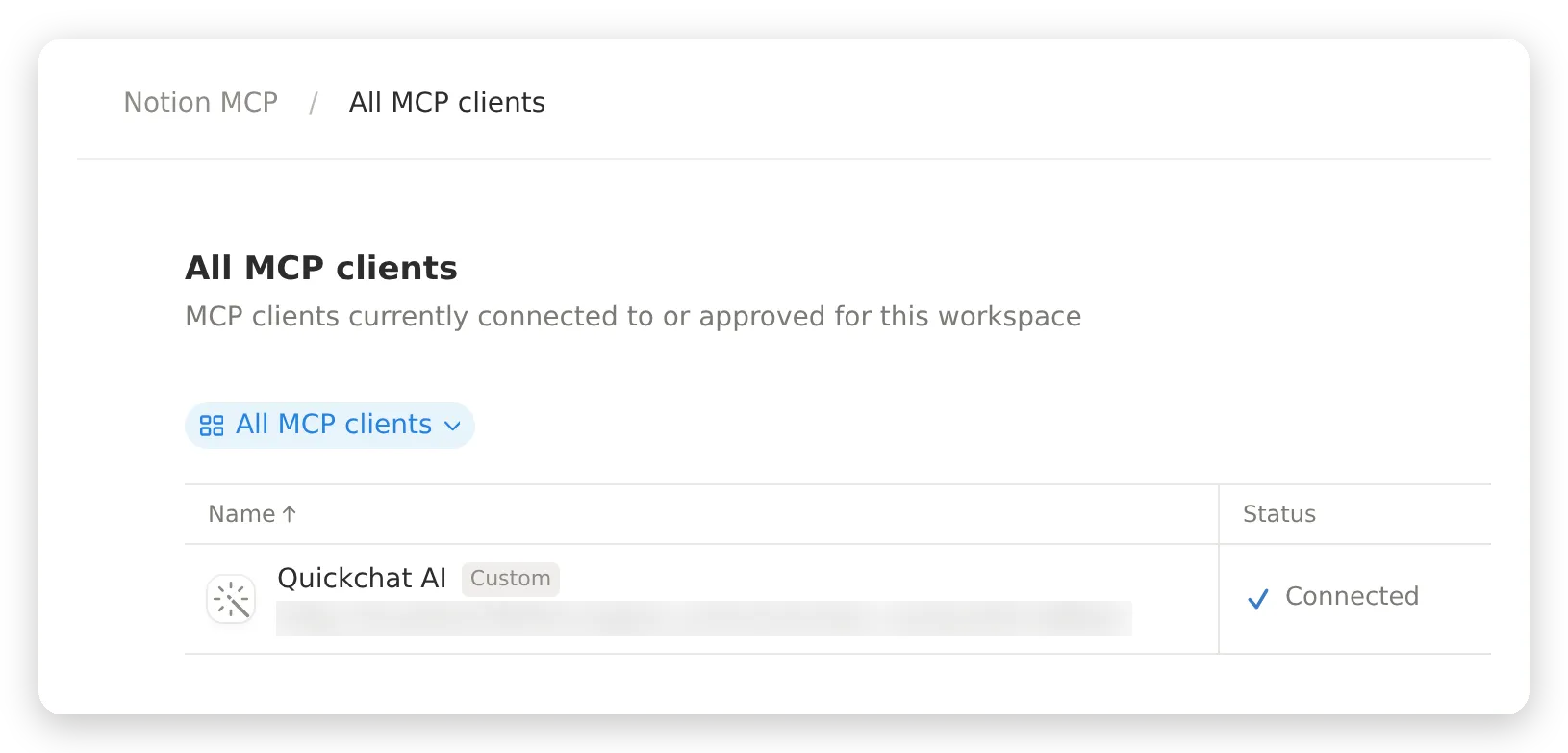 Notion's All MCP clients page listing Quickchat AI as a Custom client with status Connected