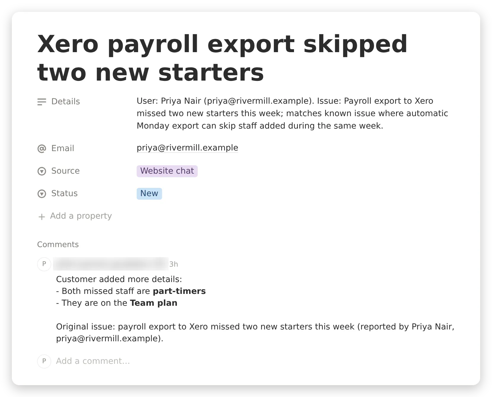 The request page in Notion: title Xero payroll export skipped two new starters, properties Details, Email, Source Website chat and Status New, and one comment listing the visitor's extra details