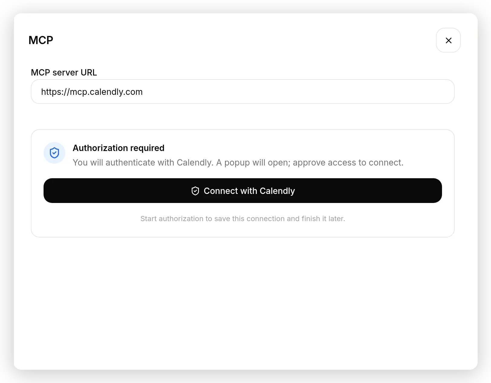 An OAuth server: Quickchat AI detects that authorization is required and offers a Connect with Calendly popup