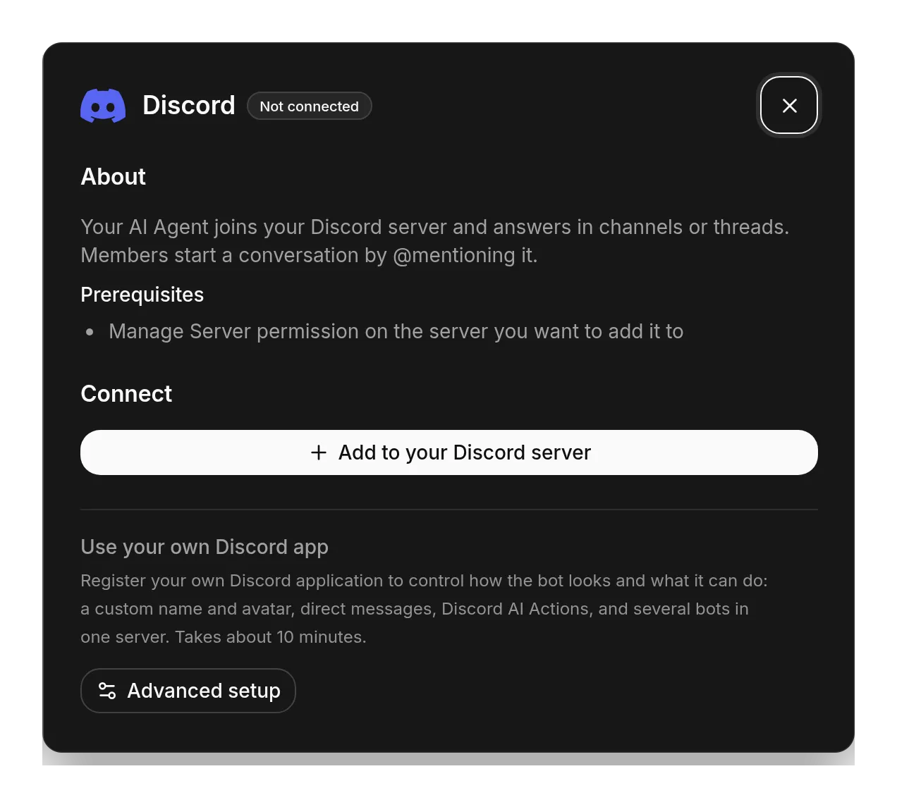 The Discord connect screen in Quickchat AI with the Add to your Discord server button