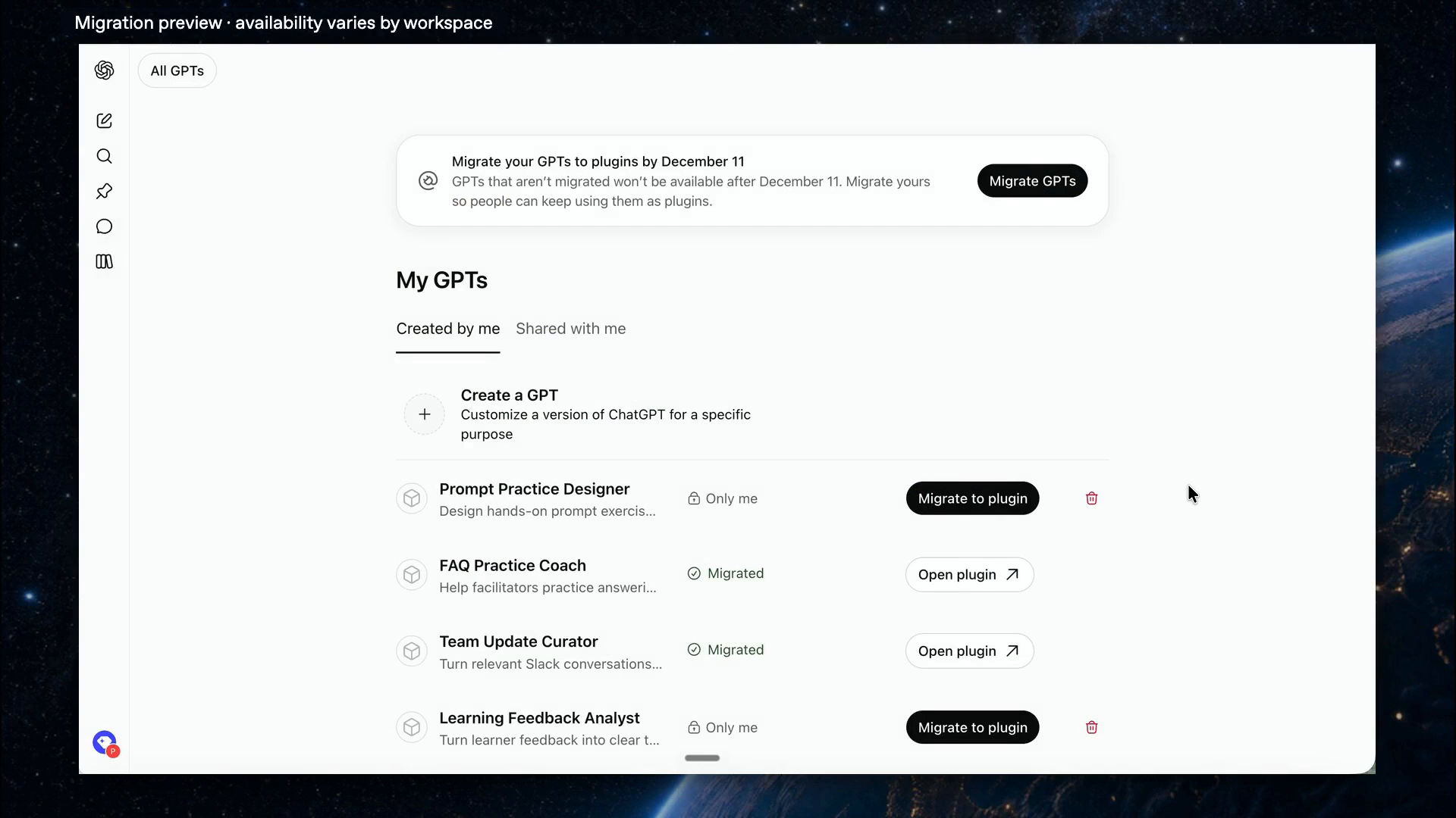 OpenAI's My GPTs screen with Migrate to plugin buttons beside GPTs owned by the signed-in user