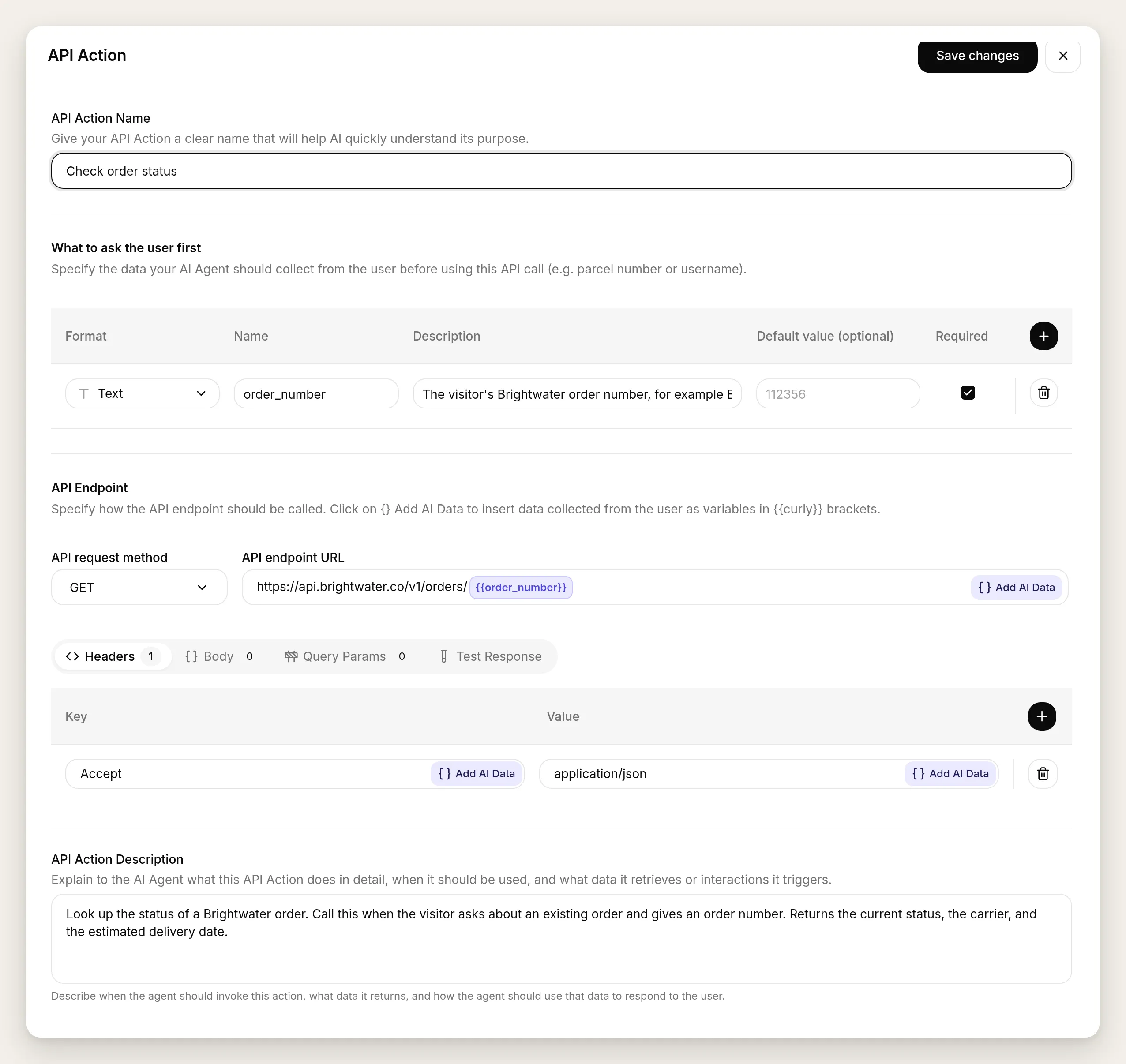 The API Action editor filled in for the order lookup: the name Check order status, one required order_number parameter, a GET request to the Brightwater orders URL with an order_number variable chip, an Accept header, and the action description