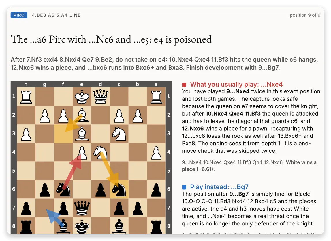 The top half of a position page at reading size: the board, the move order, the usual move with its explanation and line, and the better move with its line