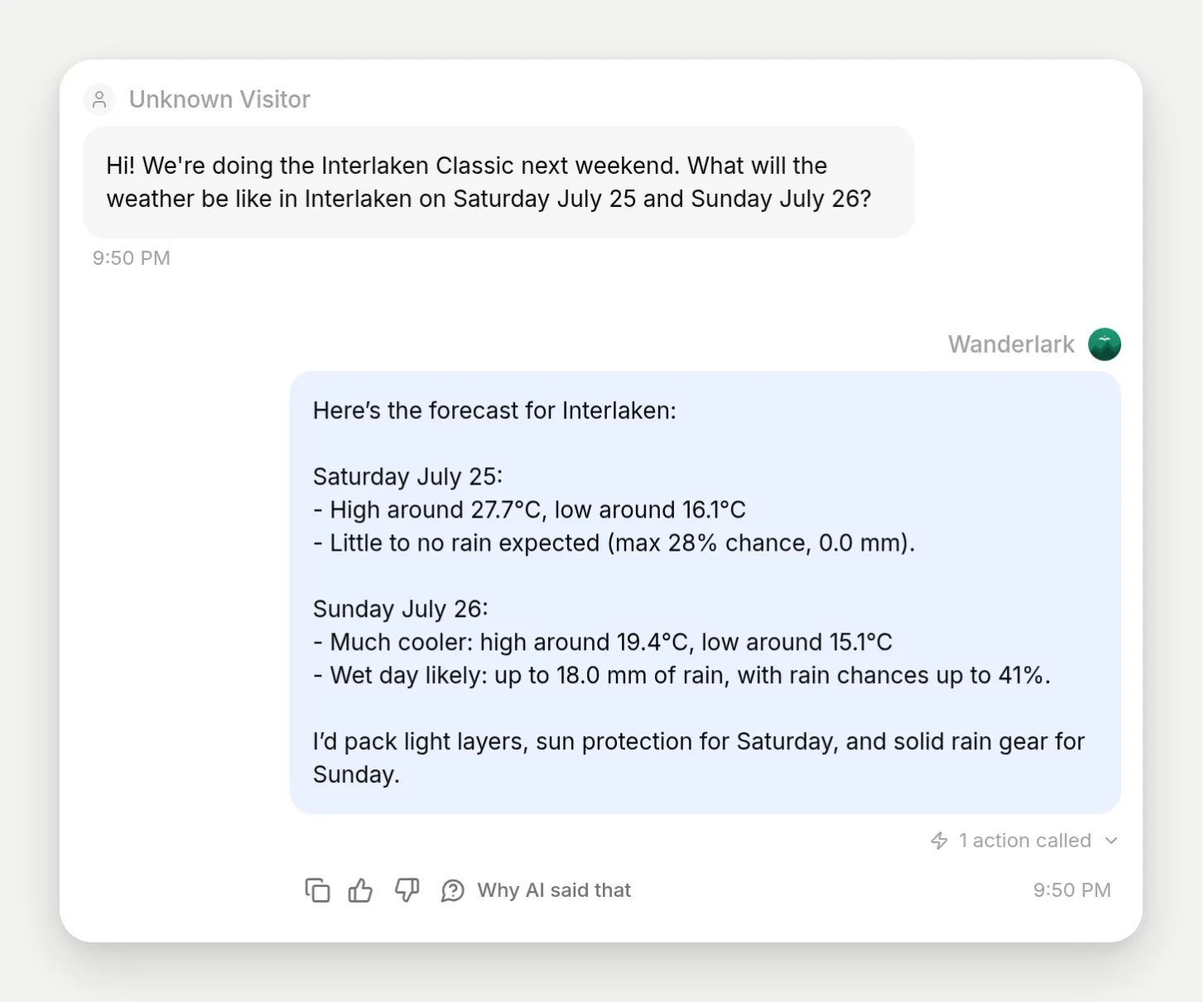 A traveler asks about weather in Interlaken and the Wanderlark agent answers with live forecast numbers