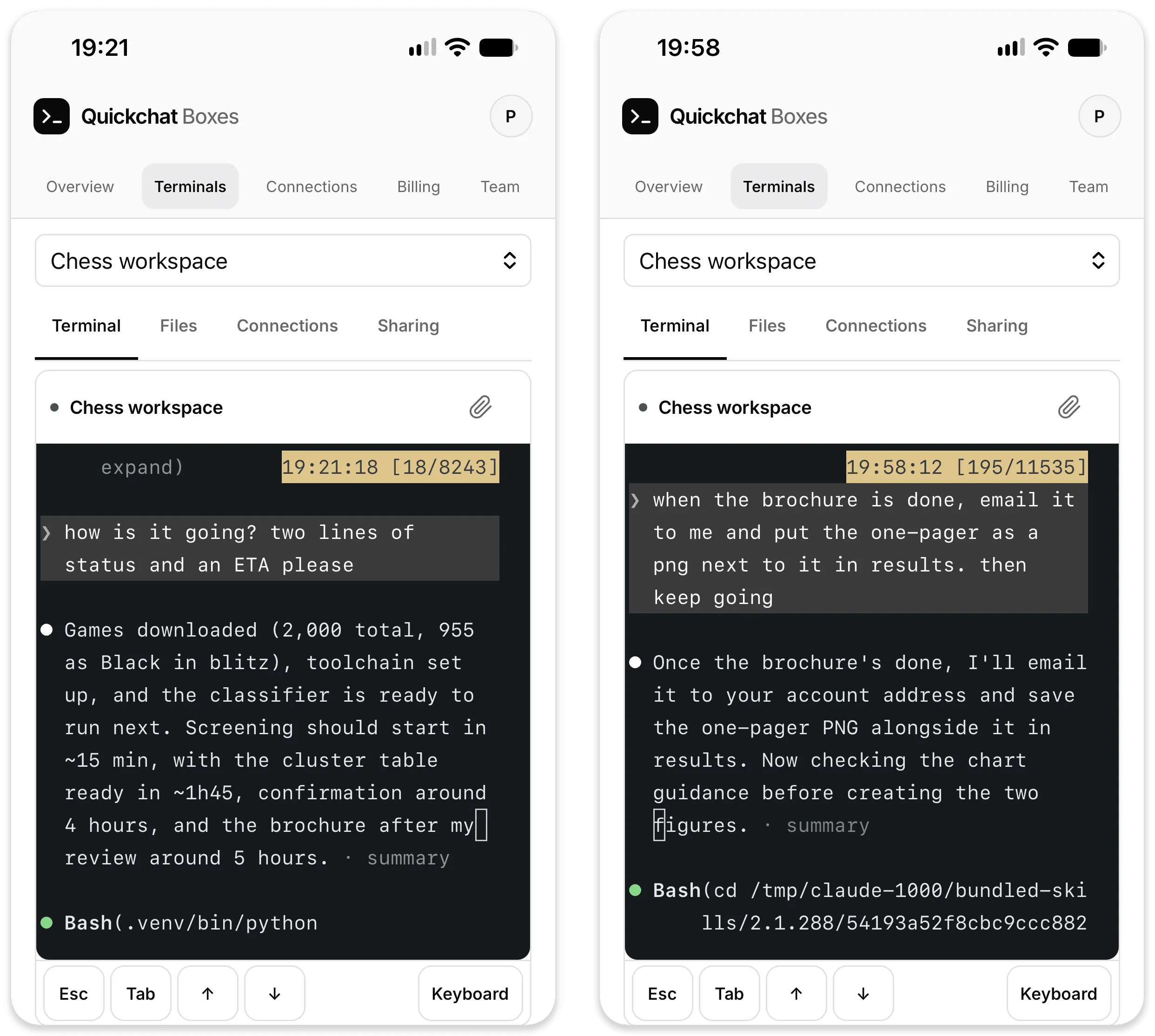 Two phone screens side by side, each showing the mobile page with the workspace switcher, the Terminal tab, the dark terminal and a row of Esc, Tab, arrow and Keyboard keys: on the left my status question at 19:21 and the reply about the download and the classifier, on the right the email request at 19:58 and the reply folding it into the plan