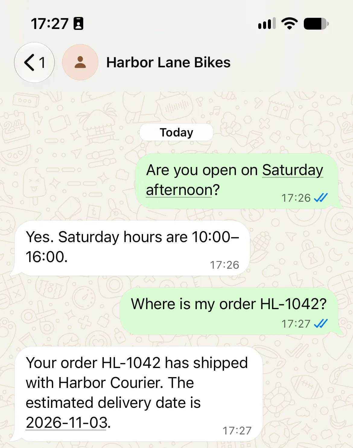 WhatsApp conversation with Harbor Lane Bikes showing the Saturday opening hours and the shipped status of order HL-1042