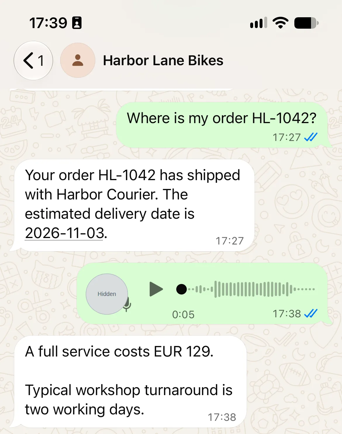 Five-second WhatsApp voice note followed by the answer EUR 129 and a typical turnaround of two working days