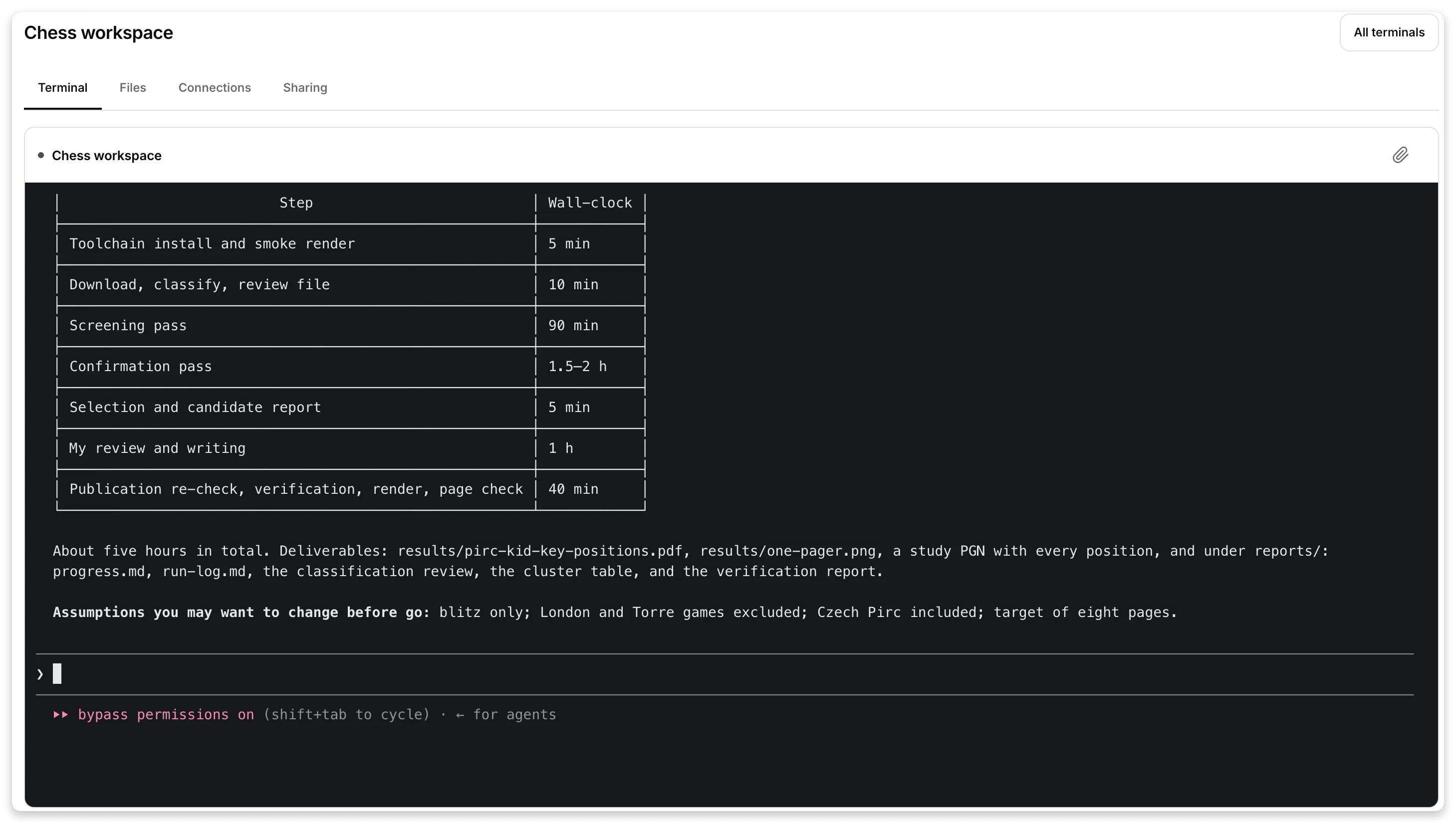 The same browser window at 19:10: the terminal shows the end of Claude Code's plan, a box-drawn table of steps with wall-clock estimates, the deliverables, the assumptions to change before go, and an empty prompt box