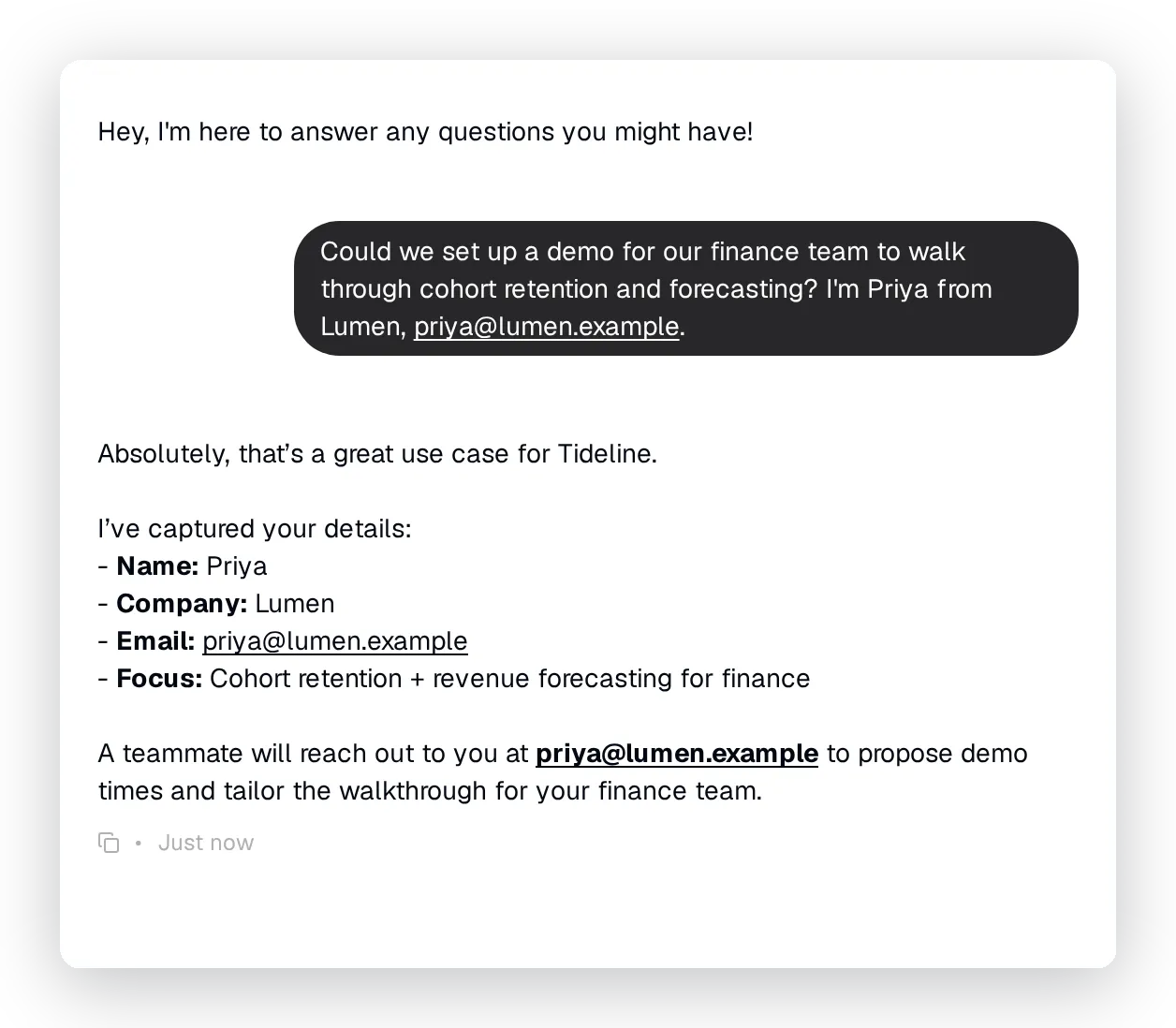 The Agent confirming a demo request and noting the visitor's details