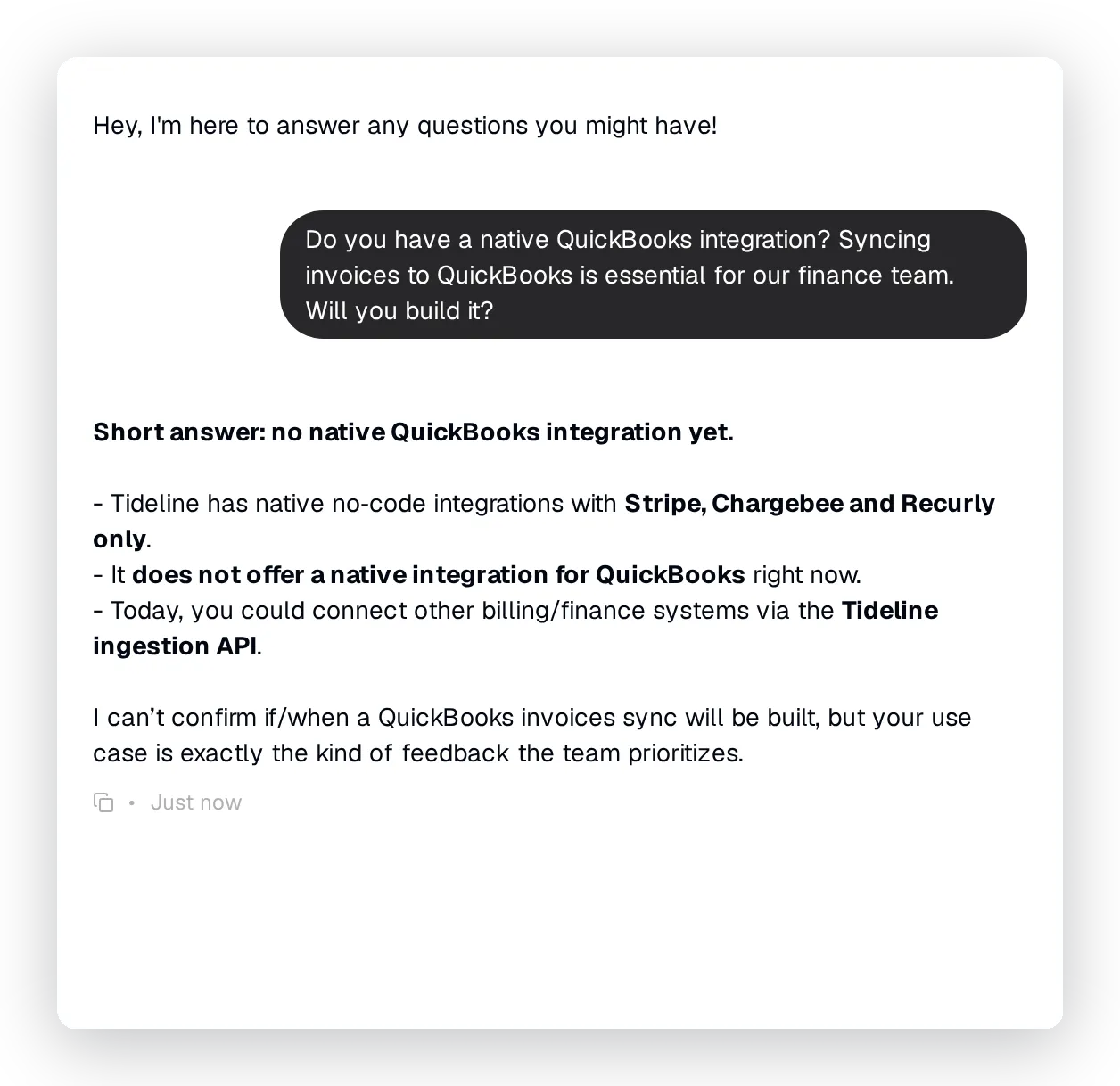 The Agent explaining it has no native QuickBooks integration and logging the request