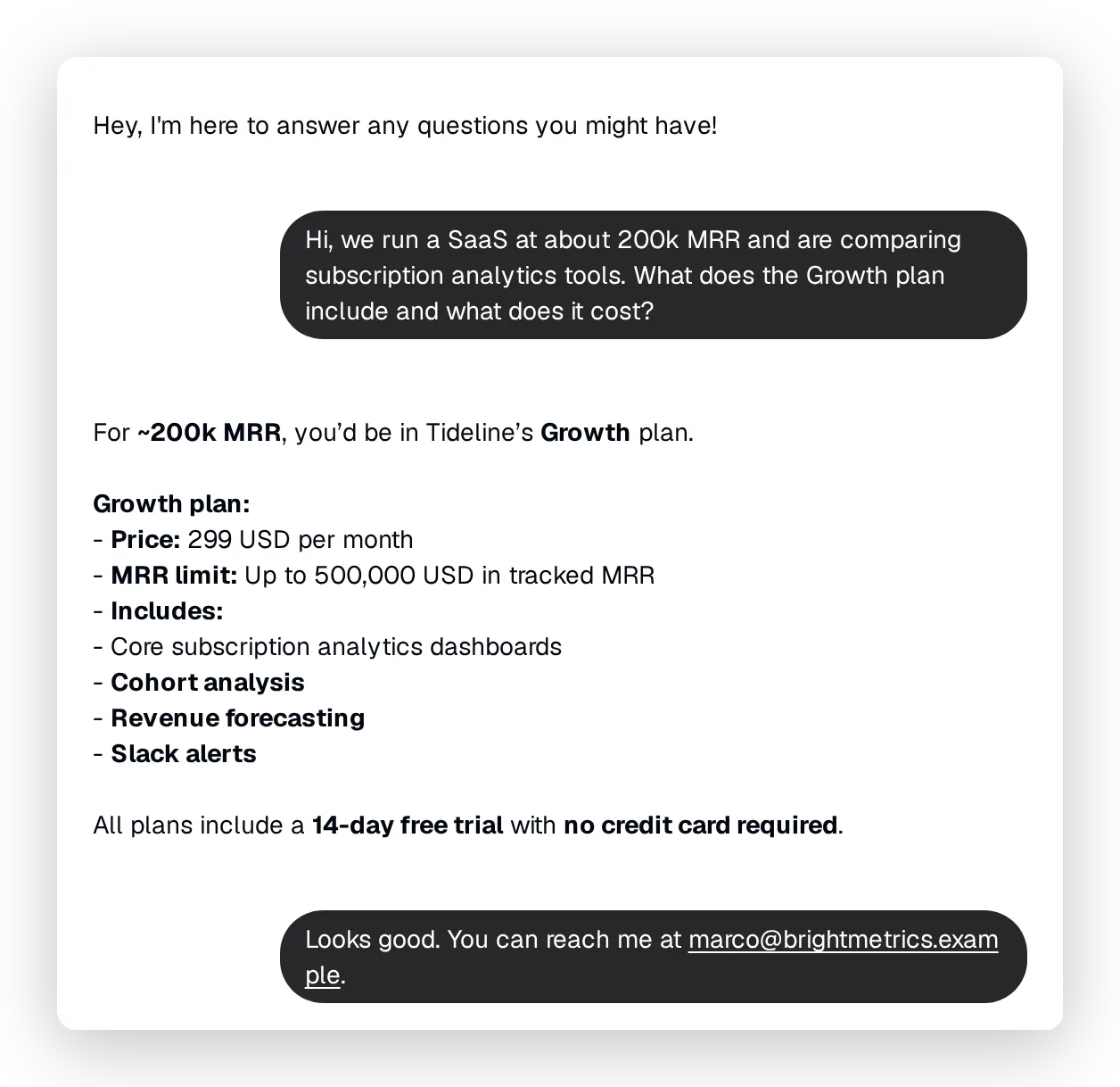 A pricing conversation in AI Preview where the Agent answers the Growth plan question and the visitor shares an email