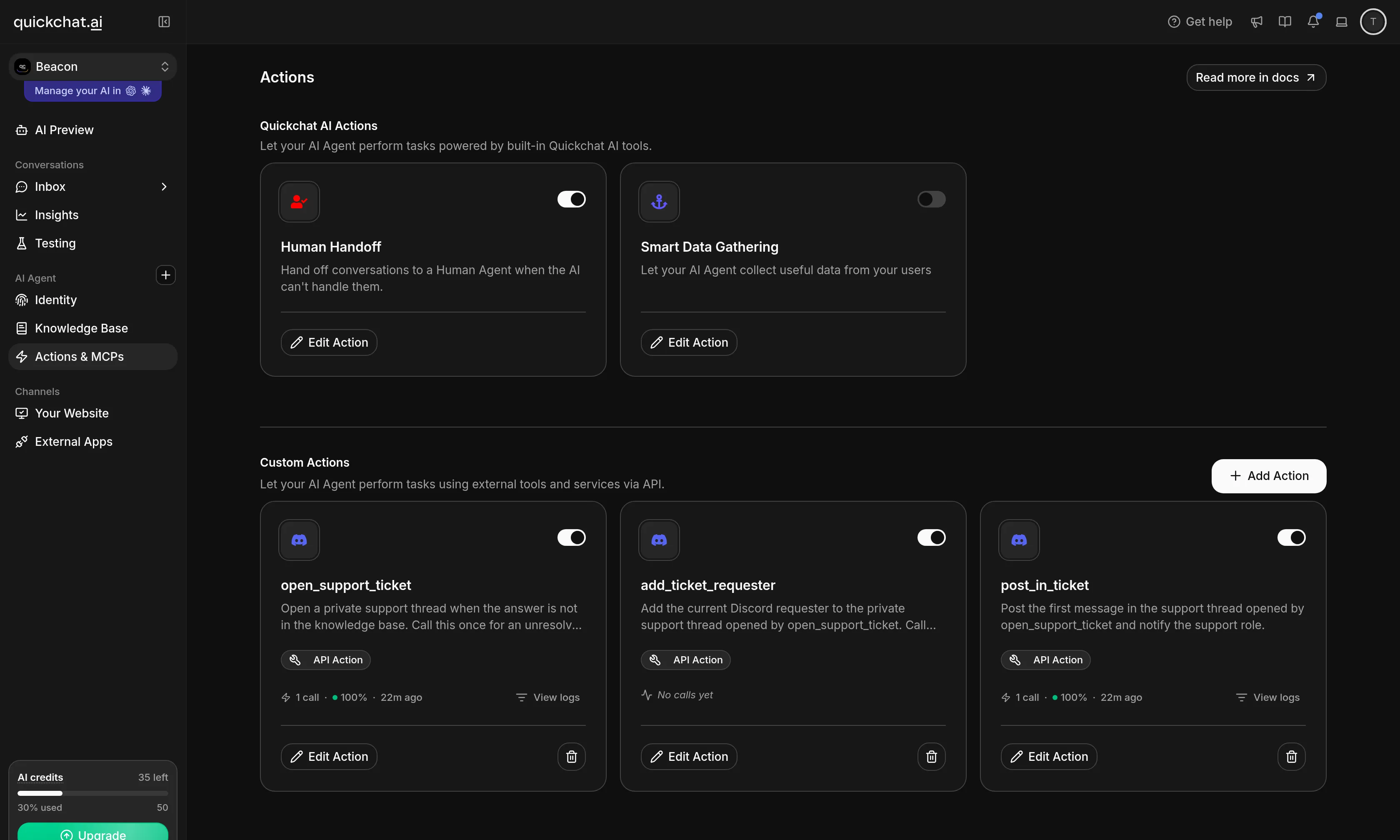 The Actions page in Quickchat AI showing the three installed Discord ticket actions