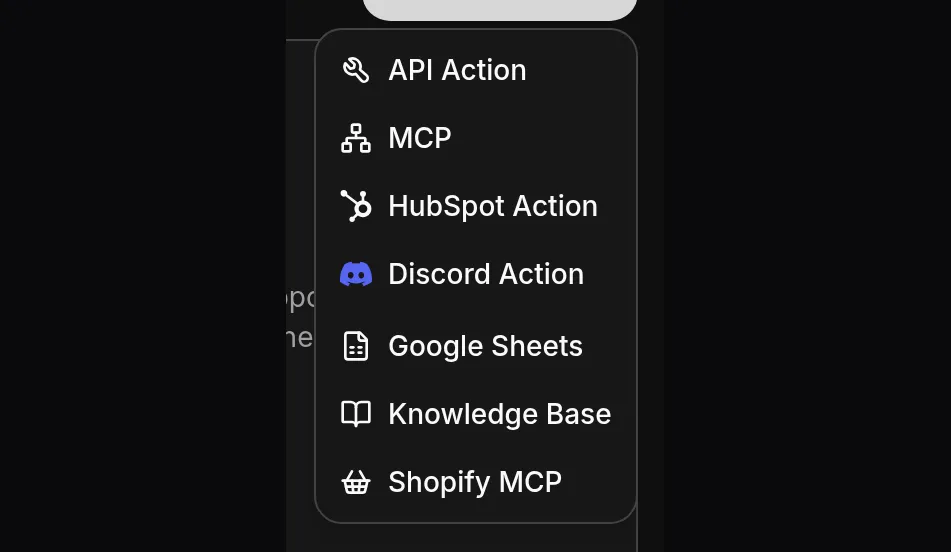 The Add Action menu in Quickchat AI with Discord Action listed alongside the HubSpot and Google Sheets galleries