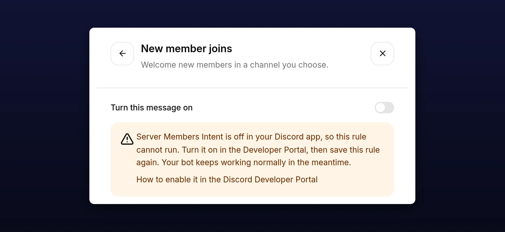 The New member joins rule on an own-bot setup, showing a warning that Server Members Intent is off so the rule cannot run