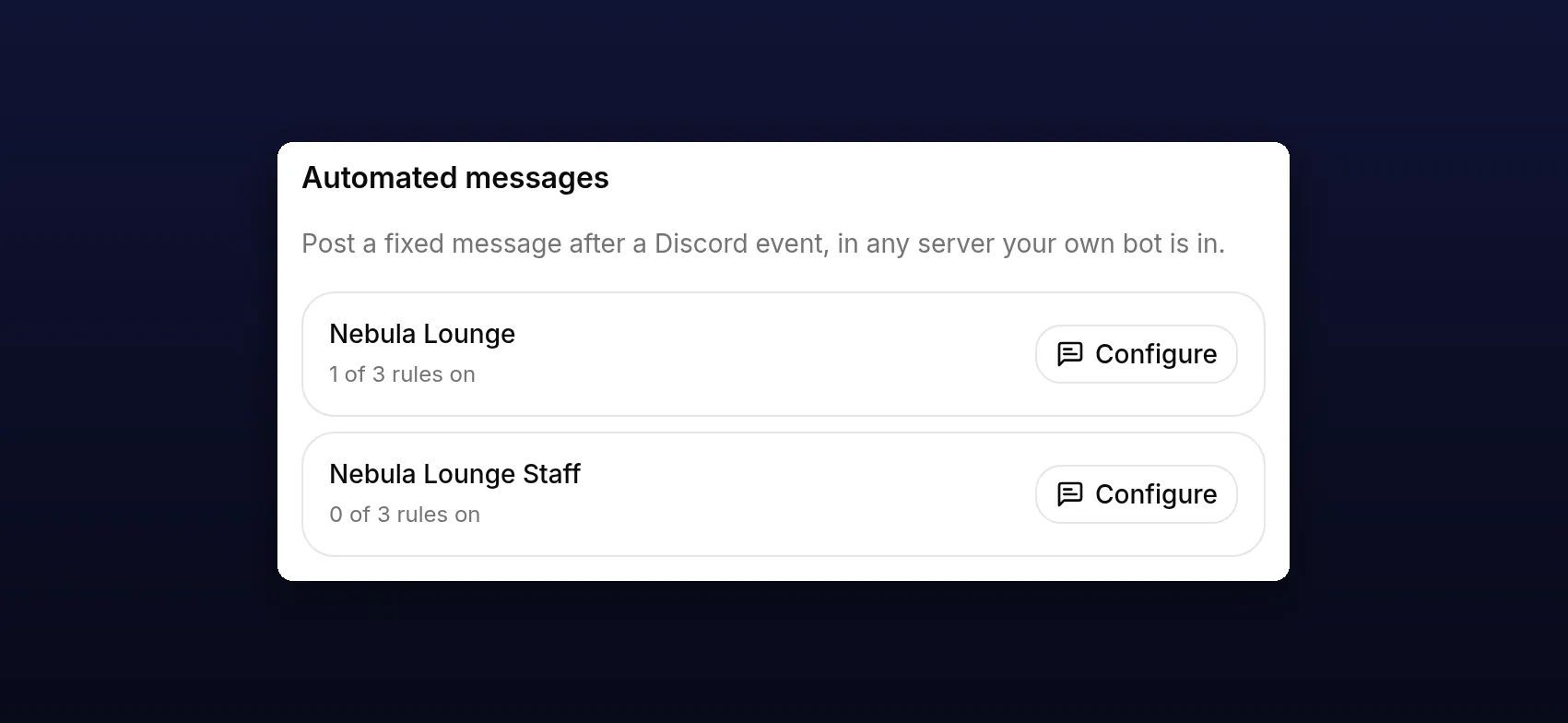 The Automated messages section on the Advanced setup, listing the servers the customer's own bot is in with a Configure button on each