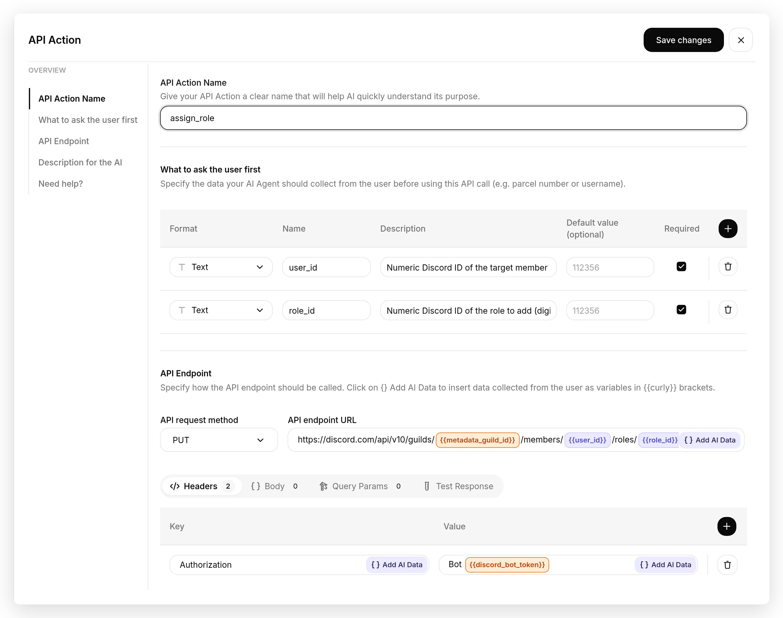 The assign_role action open in the editor, with every field filled in