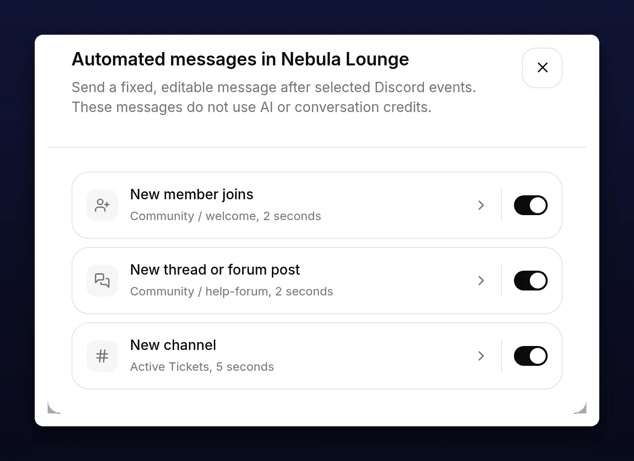 The three automated message rules for a connected Discord server, each with a summary and its own switch