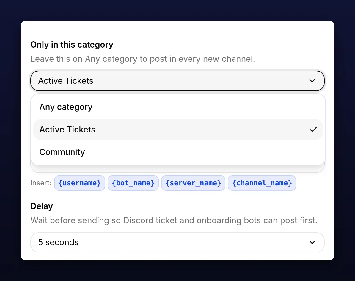 The New channel rule's category dropdown open, with Any category and the server's categories listed