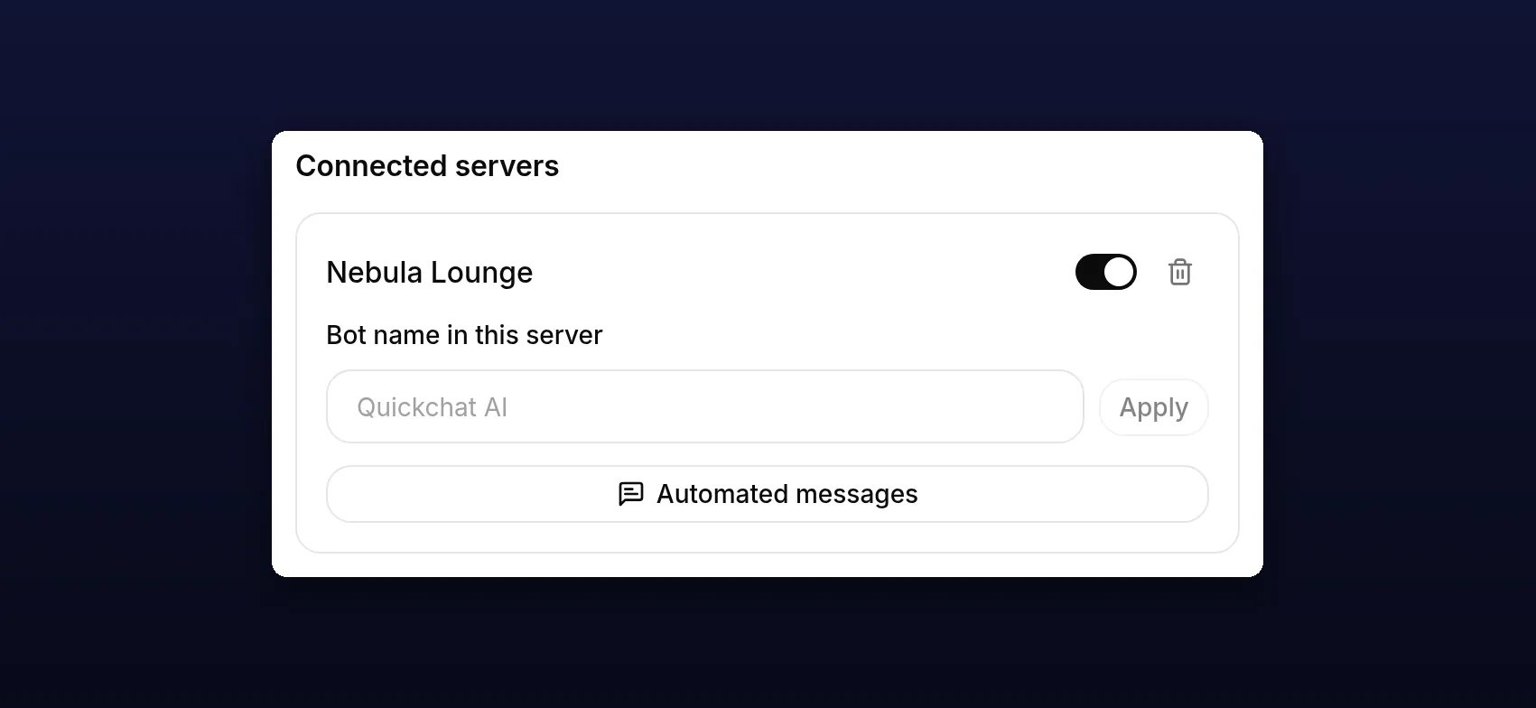 The Discord integration sheet listing the connected server Nebula Lounge, with its Automated messages button